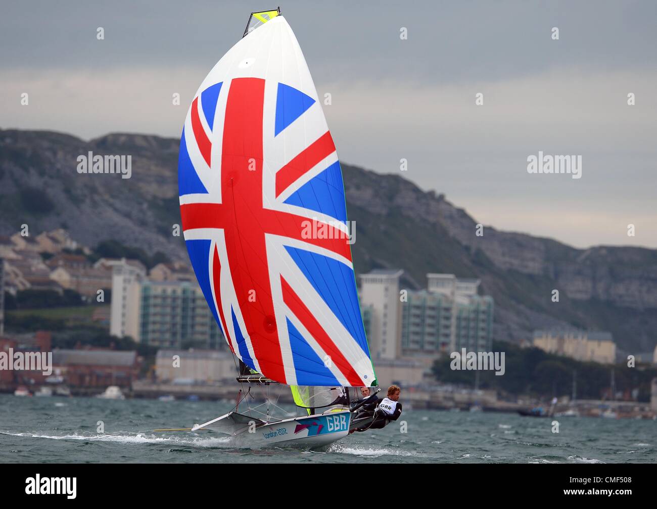 1st Aug 2012. London 2012 Olympics: Sailing, action during the London 2012 Olympic Games at the Weymouth & Portland Venue, Dorset, Britain, UK.  Stevie Morrison and Ben Rhodes from Great Britain in the Men's 49er race August 01st, 2012 PICTURE BY: DORSET MEDIA SERVICE Stock Photo