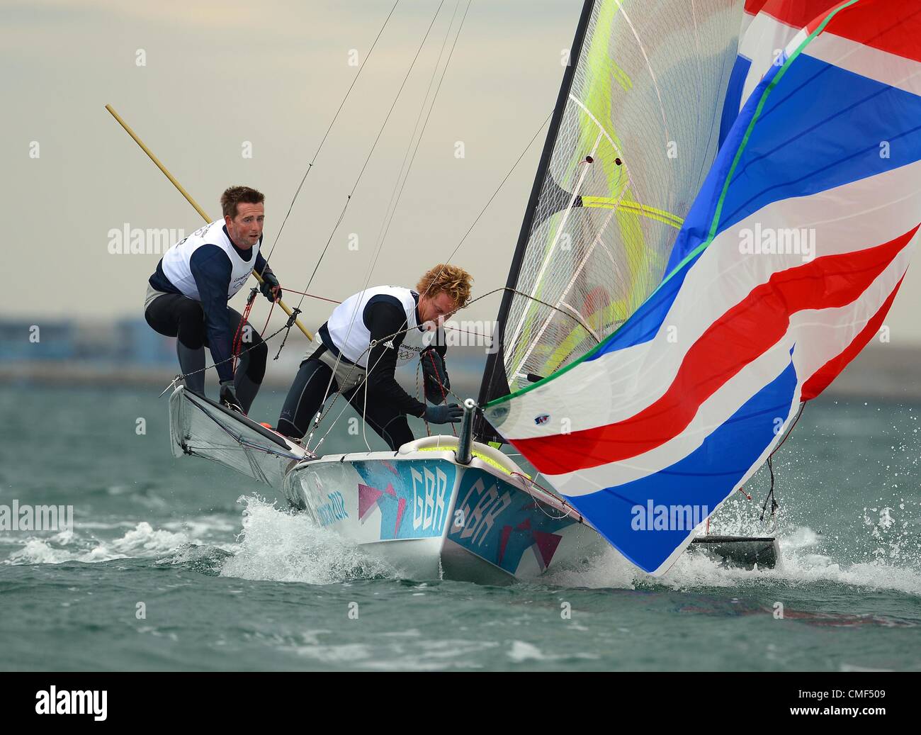 1st Aug 2012. London 2012 Olympics: Sailing, action during the London 2012 Olympic Games at the Weymouth & Portland Venue, Dorset, Britain, UK.  Stevie Morrison and Ben Rhodes from Great Britain in the Men's 49er race August 01st, 2012 PICTURE BY: DORSET MEDIA SERVICE Stock Photo