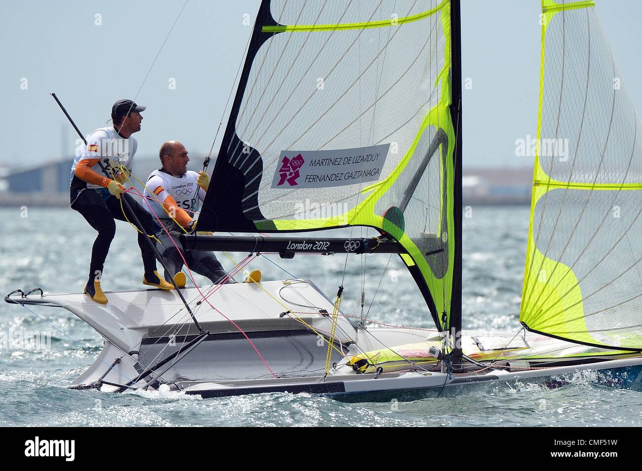 1st Aug 2012. London 2012 Olympics: Sailing, action during the London 2012 Olympic Games at the Weymouth & Portland Venue, Dorset, Britain, UK.  Iker Martinez de Lizarduy and Xabier Fernandez Gaztanaga from Spain in the Men's 49er race August 01st, 2012 PICTURE BY: DORSET MEDIA SERVICE Stock Photo