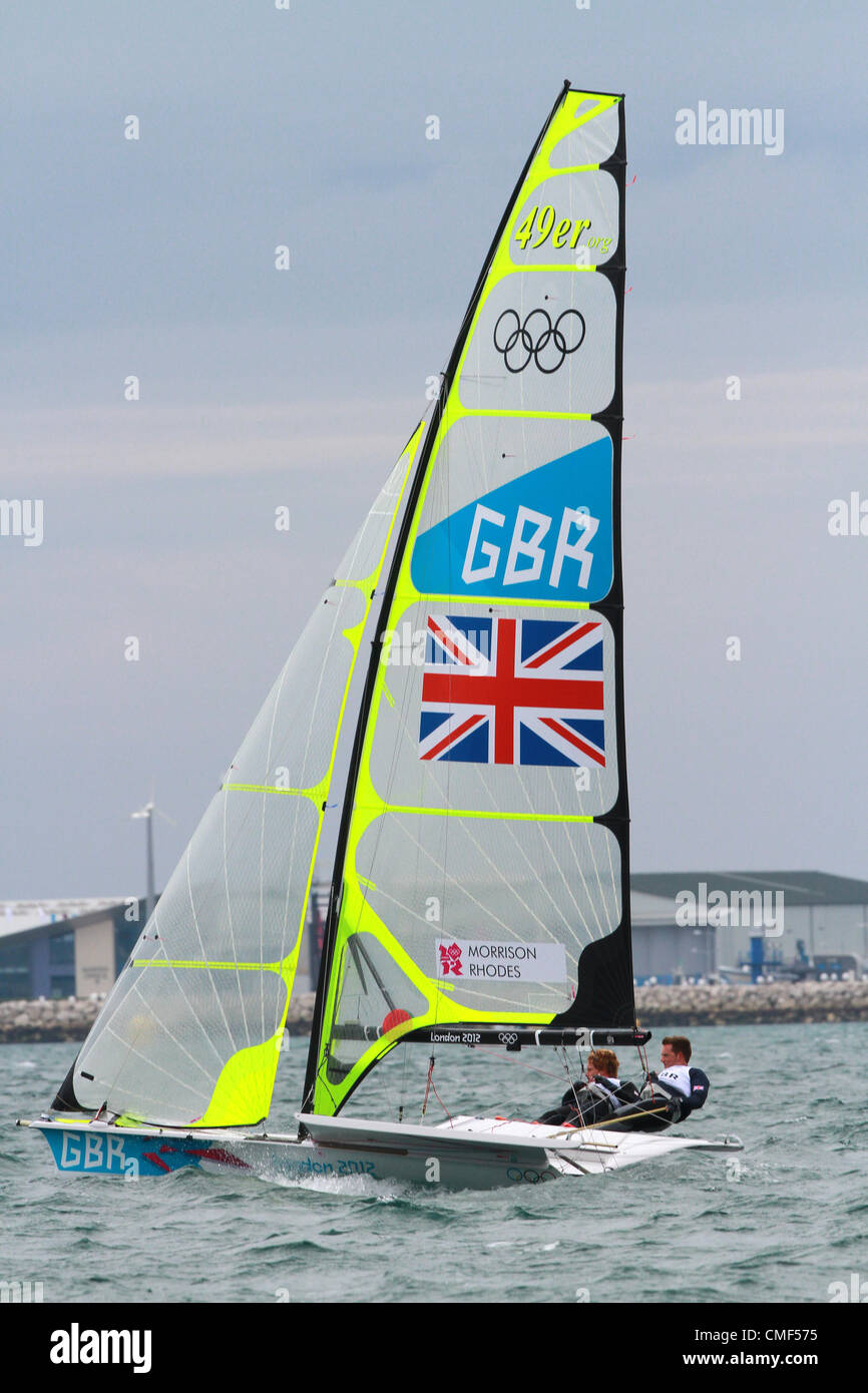 01.08.2012. Weymouth, England.  Olympic Games Sailing at Weymouth, Dorset, August 2012. Team GB's Stevie Morrison and Ben Rhodes racing the high-performance 49er class. Stock Photo