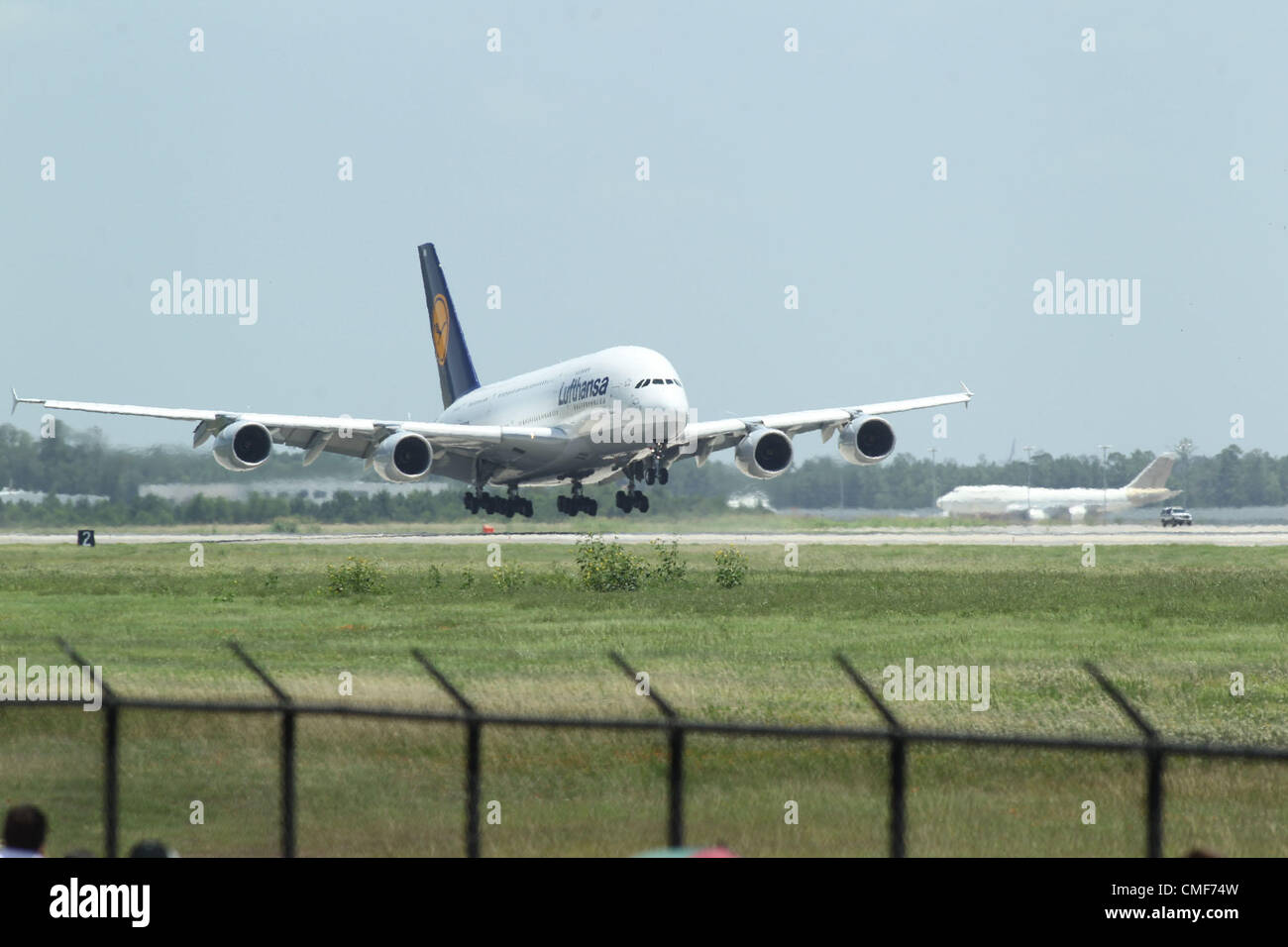 1st Aug 2012. HOUSTON: This is the inaugural flight of Lufthansa's Airbus 380 at Bush Intercontinental airport. The double-decker jet landed shortly before 2pm on Wed. August 1 Credit:  ZUMA Press, Inc. / Alamy Live News Stock Photo