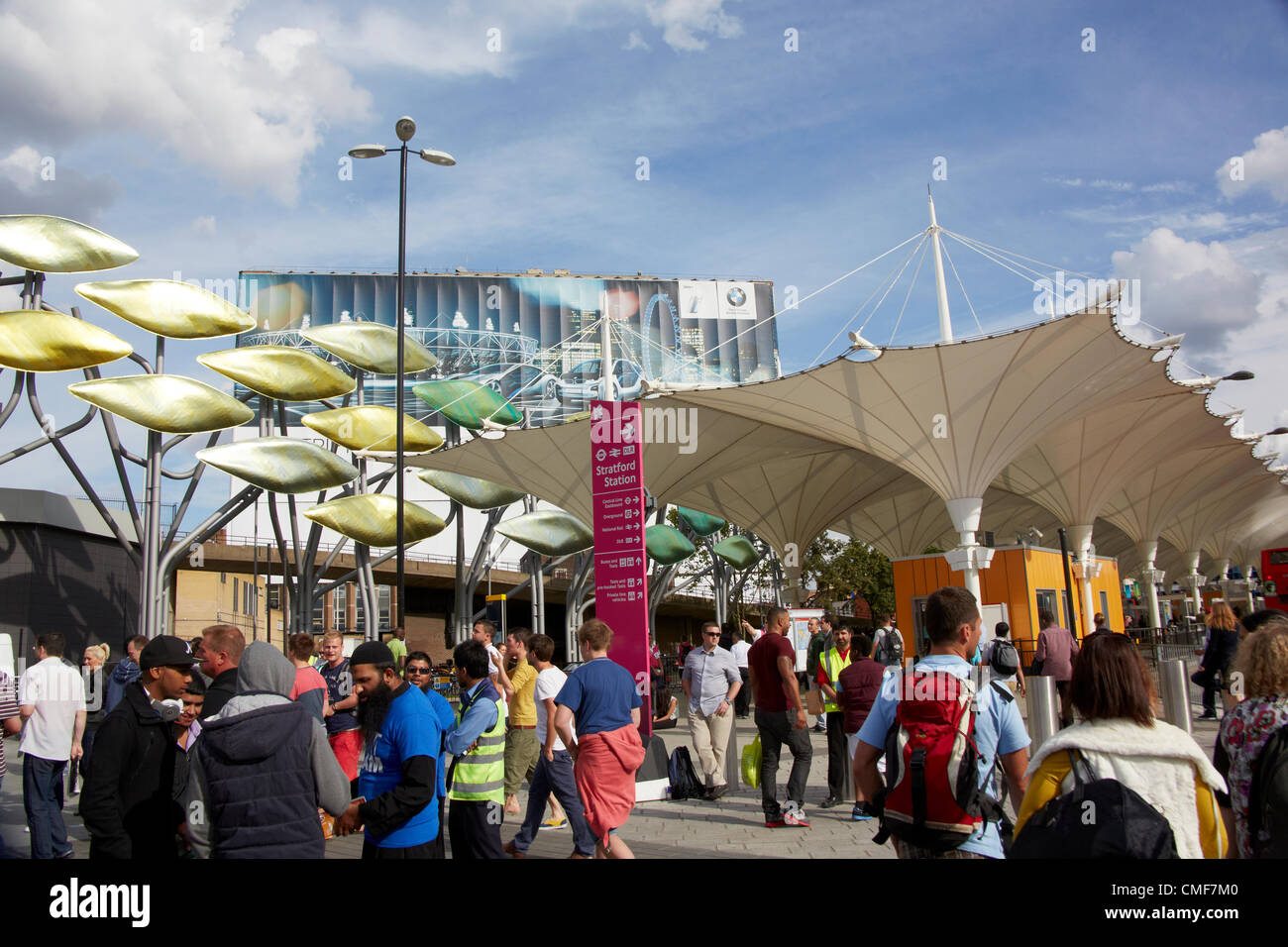 People leaving Olympic Park at Stratford Railway Station London E20 UK, Stock Photo
