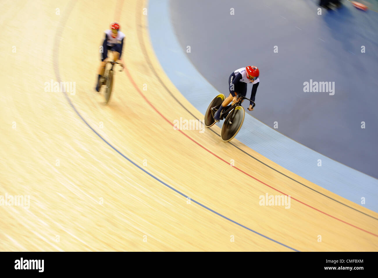 UK. 02.08.2012 Stratford, England. Great Britains Victoria Pendleton (GBR) and Jessica Varnish (GBR) compete in the Womens Team Sprint Qualifying during the track cycling Competition on day 6 of the London 2012 Olympic Games at the Velodrome in the Olympic Park. Stock Photo