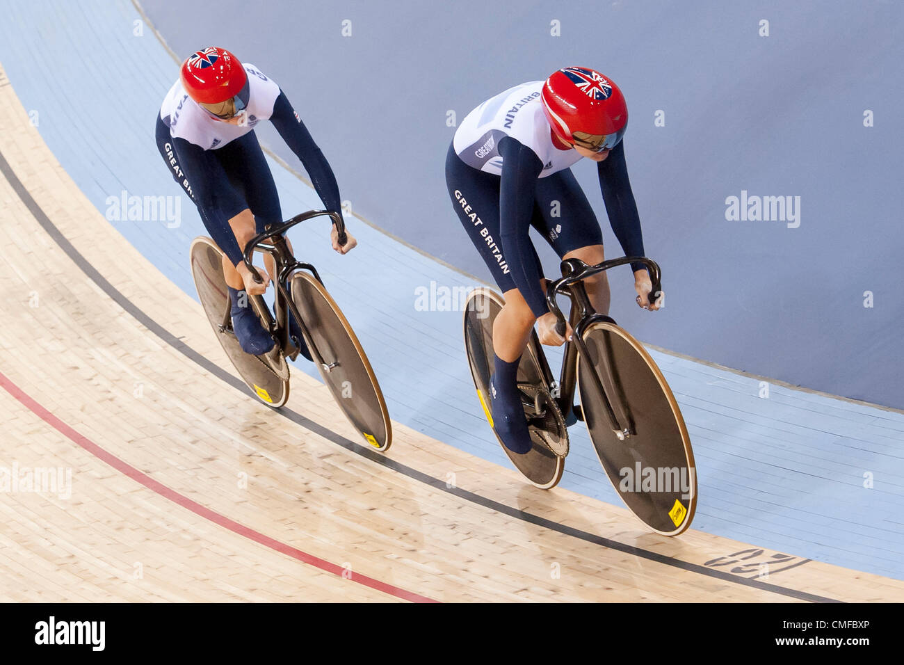 UK. 02.08.2012 Stratford, England. Great Britains Victoria Pendleton (GBR) and Great Britains Jessica Varnish (GBR) compete in the Womens Team Sprint Semi Final during the track cycling Competition on day 6 of the London 2012 Olympic Games at the Velodrome in the Olympic Park. Stock Photo
