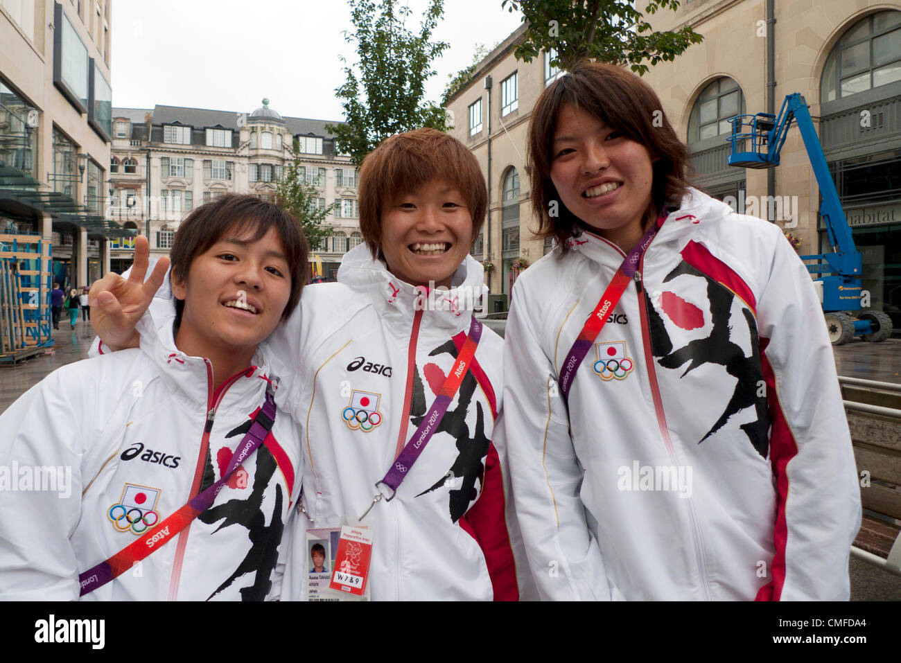 Aug. 2 2012 - Cardiff, Wales, UK - Members of the Japanese women's football team l.to r. Mana Iwabuchi, Asuna Tanaka and Saki Kumagai in Cardiff City Centre one day prior to their game against Brazil in the Women's Quarter finals at the Millennium Stadium in the 2012 London Olympics  KATHY DEWITT Stock Photo