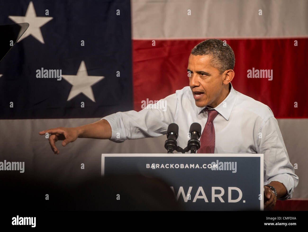 Winter Park, Florida, USA, Thursday Aug 2, 2012. U.S. President Barack Obama campaigns at Rollins College. Adjacent to Orlando, Rollins is located in the I-4 corridor, which played a big role during the 2008 elections for President Obama, and in 2004 swung in favor of President George W. Bush. Florida is seen as a swing state, with many undecided voters. Winter Park is part of the Orlando–Kissimmee Metropolitan Area. The President's scheduled visit Friday, July 20th, 2012, was canceled due to tragic events at the Aurora, Colorado movie theatre shooting, where 12 people died, 58 were injured. Stock Photo