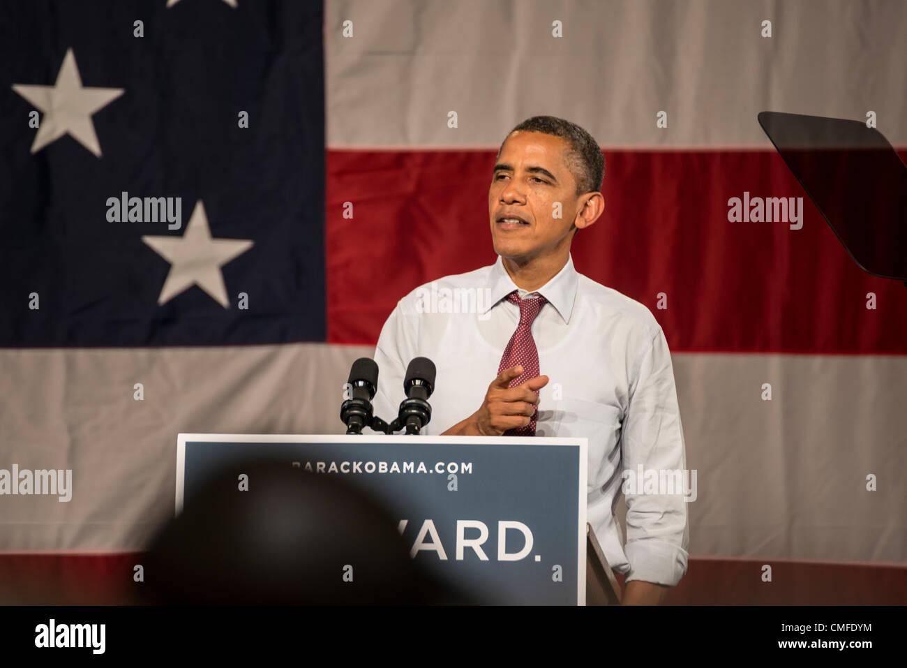 Winter Park, Florida, USA, Thursday Aug 2, 2012. U.S. President Barack Obama campaigns at Rollins College. Adjacent to Orlando, Rollins is located in the I-4 corridor, which played a big role during the 2008 elections for President Obama, and in 2004 swung in favor of President George W. Bush. Florida is seen as a swing state, with many undecided voters. Winter Park is part of the Orlando–Kissimmee Metropolitan Area. The President's scheduled visit Friday, July 20th, 2012, was canceled due to tragic events at the Aurora, Colorado movie theatre shooting, where 12 people died, 58 were injured. Stock Photo