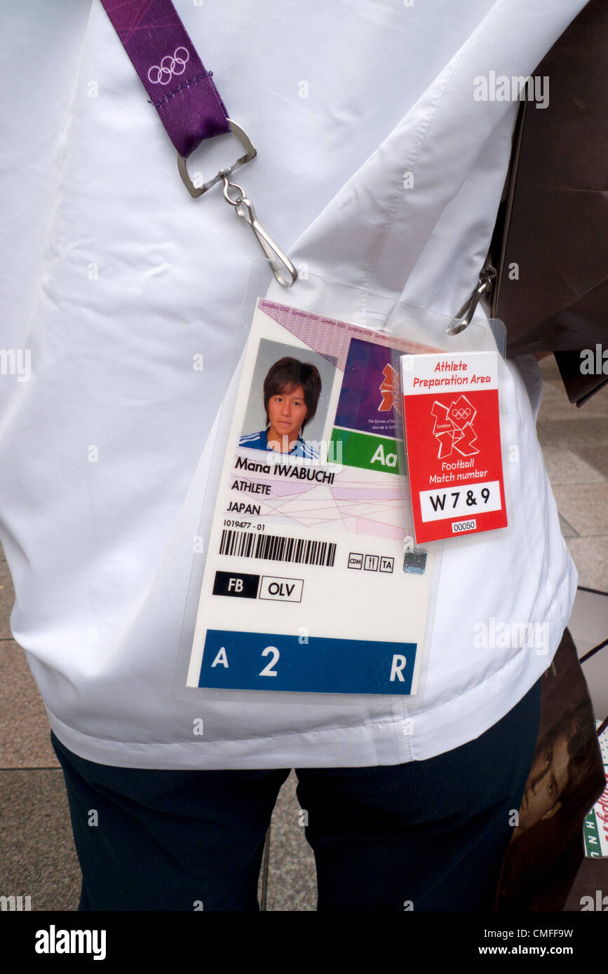 2 Aug 2012 - CARDIFF WALES UK - The ID card of Mana Iwabuchi, a member of the Japanese women's football team in Cardiff City Centre one day prior to their game against Brazil in the Women's Quarterfinals at the Millennium Stadium in the 2012 London Olympics. Stock Photo