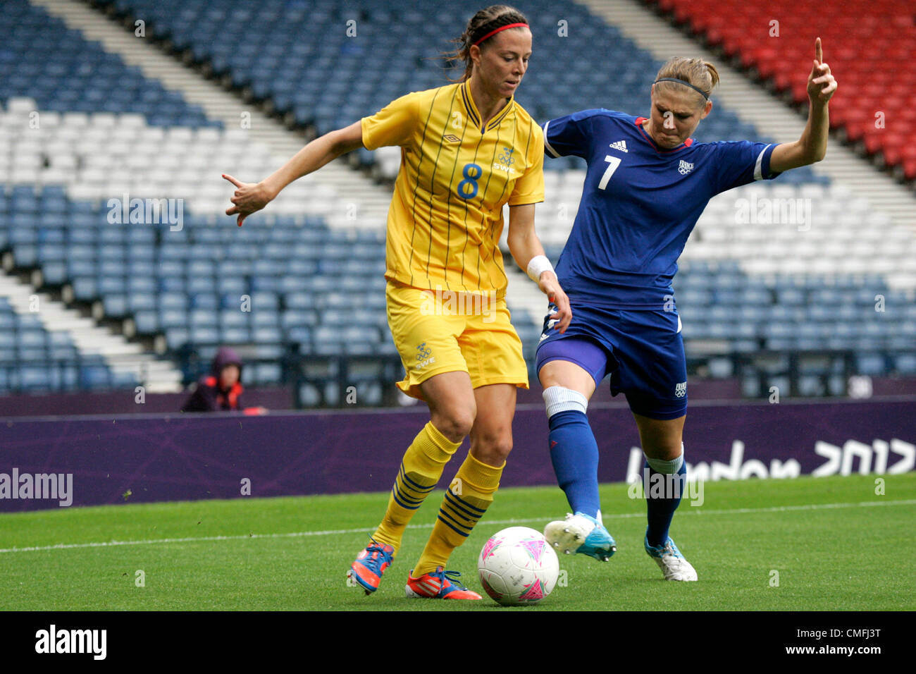 3rd Aug 2012. 03.08.2012 Glasgow, Scotland. 8 SCHELIN Lotta and 7 FRANCO Corine in action during the Olympic Football women's quarter final  game between France and Sweden from Hampden Park. Credit:  Action Plus Sports Images / Alamy Live News Stock Photo