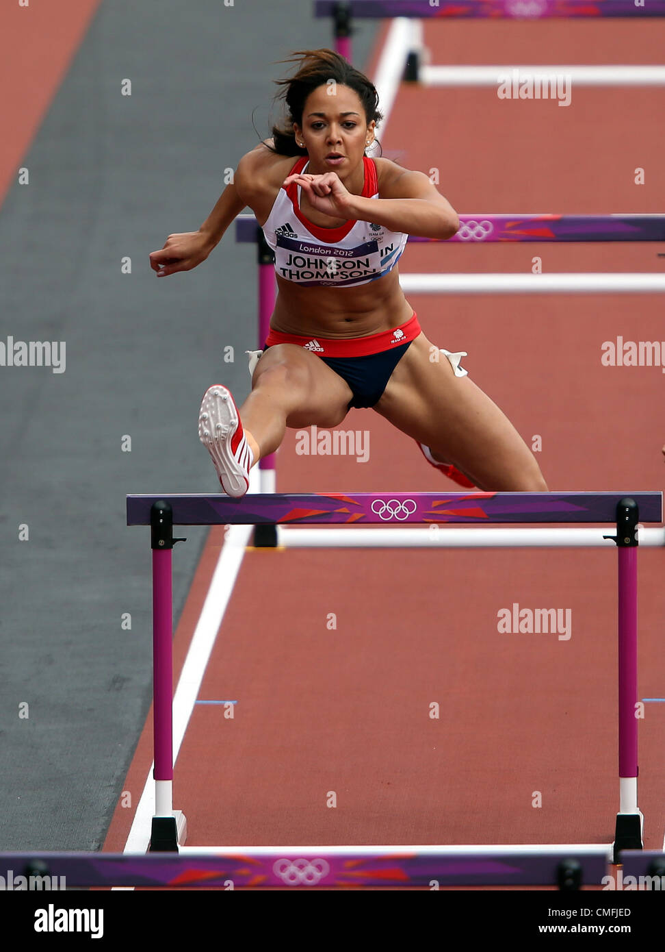 KATARINA JOHNSON-THOMPSON GREAT BRITAIN LONDON 2012 OLYMPIC GAMES, WOMENS HEPTATHLON, 100M HURDLES STRATFORD, LONDON, ENGLAND 03 August 2012 DIC8247 Stock Photo