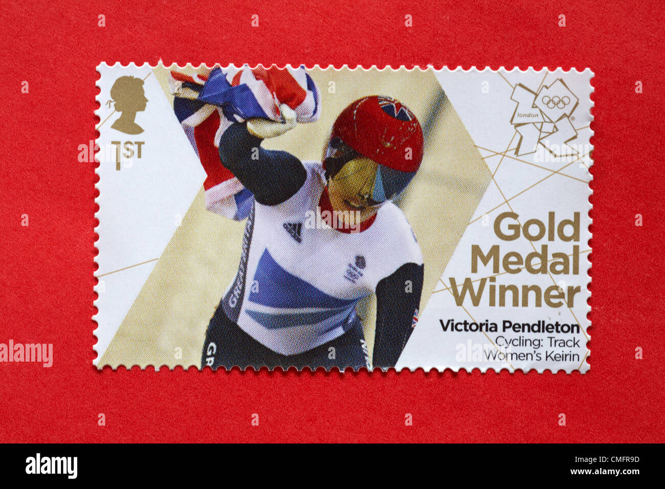 UK. Saturday 4th August 2012. Stamp to honour Olympic gold medal winner Victoria Pendleton in the Cycling Track Women's Keirin event. Stock Photo