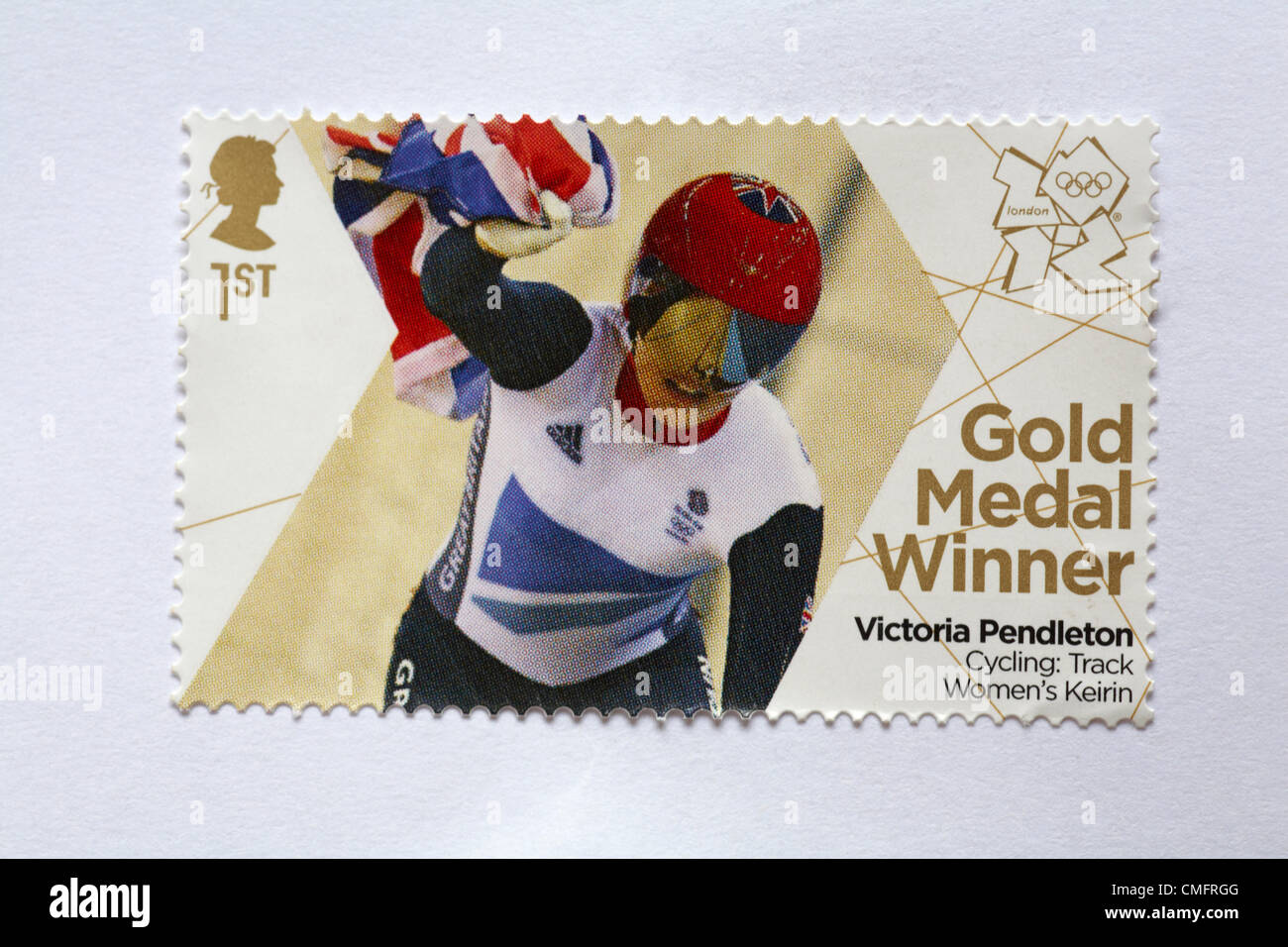 UK Saturday 4 August 2012. Stamp to honour gold medal winner Victoria Pendleton in the Cycling Track Women's Keirin event. Stamp purchased and stuck on white to send to Olympic supporter. Stock Photo