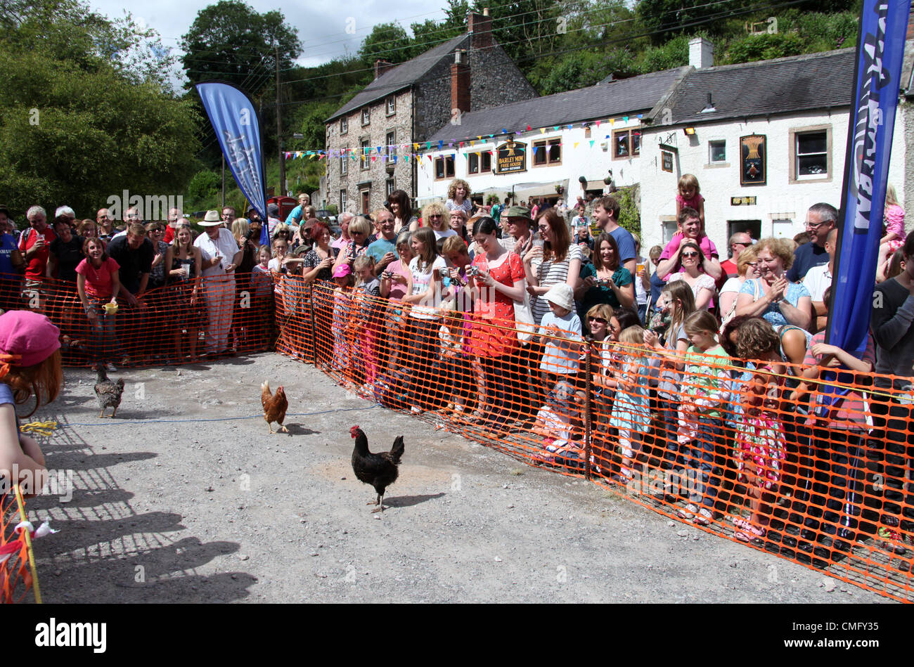 Annual World Hen Racing Championship held on August 4th 2012 at the Barley Mow Inn Public House in the Derbyshire Peak District Village of Bonsall.  Historic event going back over 100 years. Stock Photo