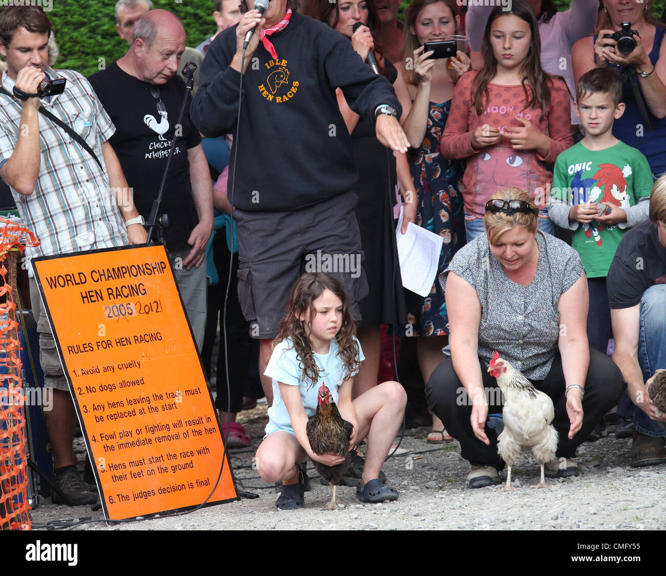 Annual World Hen Racing Championship held on August 4th 2012 at the Barley Mow Public House in the Derbyshire Village of Bonsall  Historic event going back over 100 years. Stock Photo