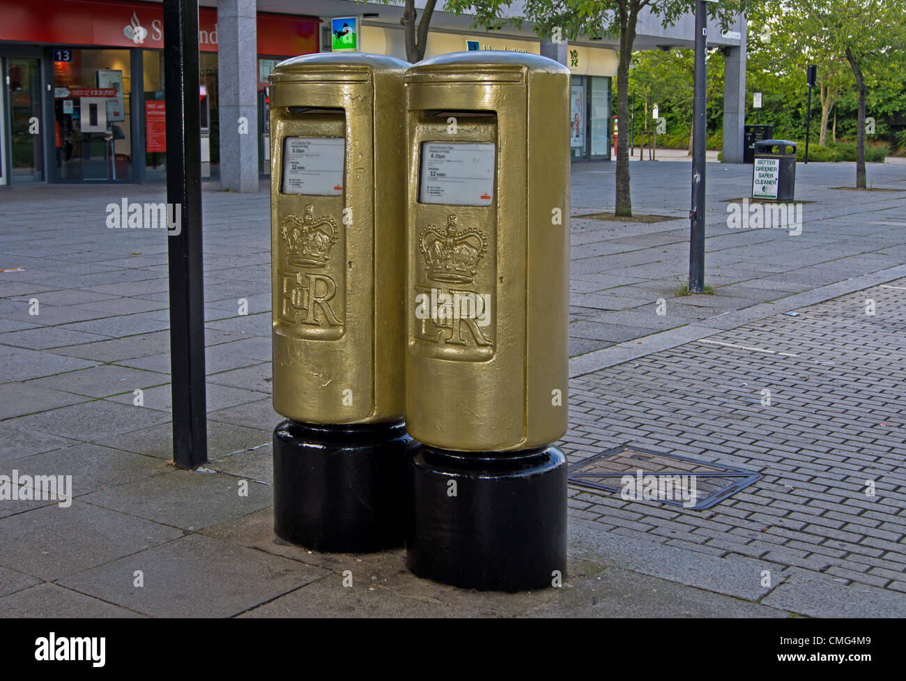 Milton Keynes 5/08/12 Silbury Boulevard Two post boxes painted gold in ...