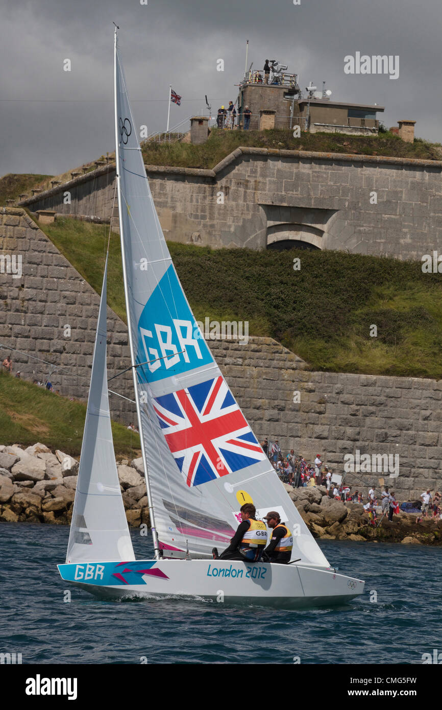 05.08.2012. Weymouth, England. Olympic Games Sailing at Weymouth, Dorset, August 2012. The British team of Iain Percy and Andrew Simpson racing their Star in the medal race. They finished in silver medal position. Stock Photo