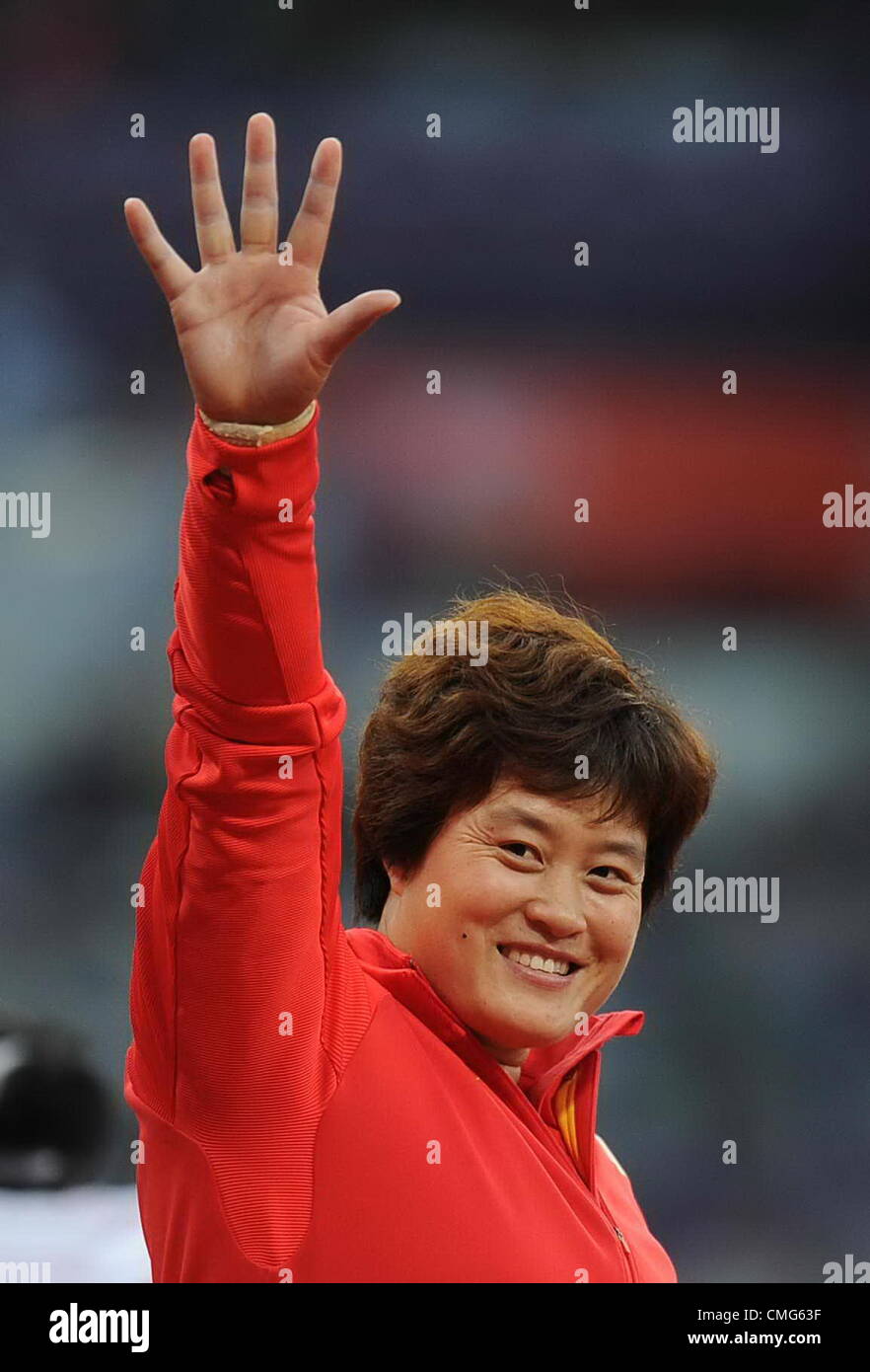 05.08.2012. London, England. London, ENGLAND; Bronze medalist Li Yanfeng of China during the medal ceremony for Women's Discus Throw on Day 9of the London 2012 Olympic Games at Olympic Stadium. Stock Photo