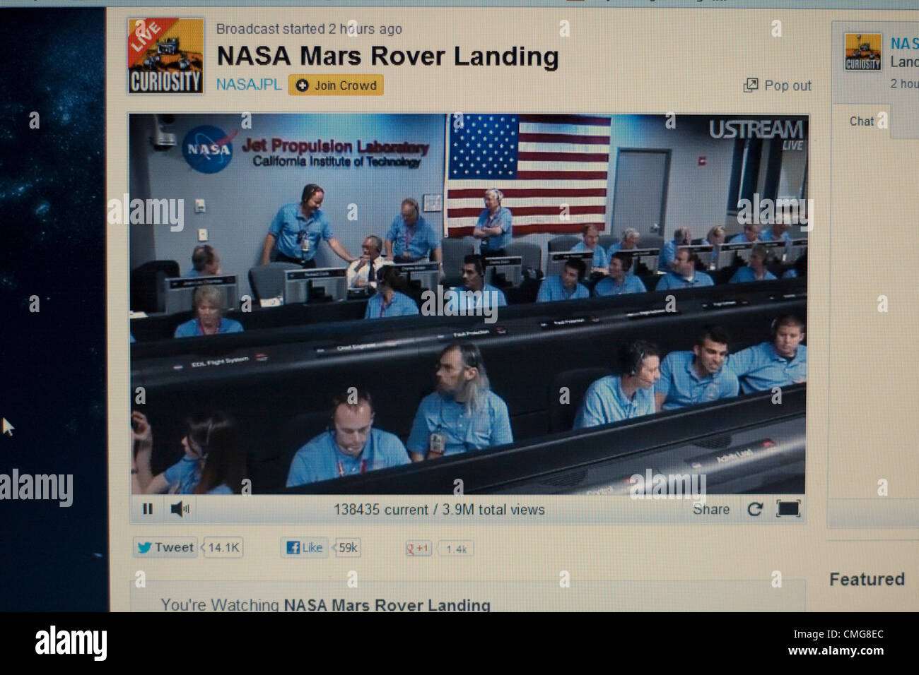 August 6th 2012. USA. Live Stream of NASA Mars Rover Landing. A computer screen view of inside the control room of the Jet Propulsion Laboratory at the California Institute of Technology in Pasadena, California minutes before the Rover Curiosity touched down on the surface of Mars. Stock Photo