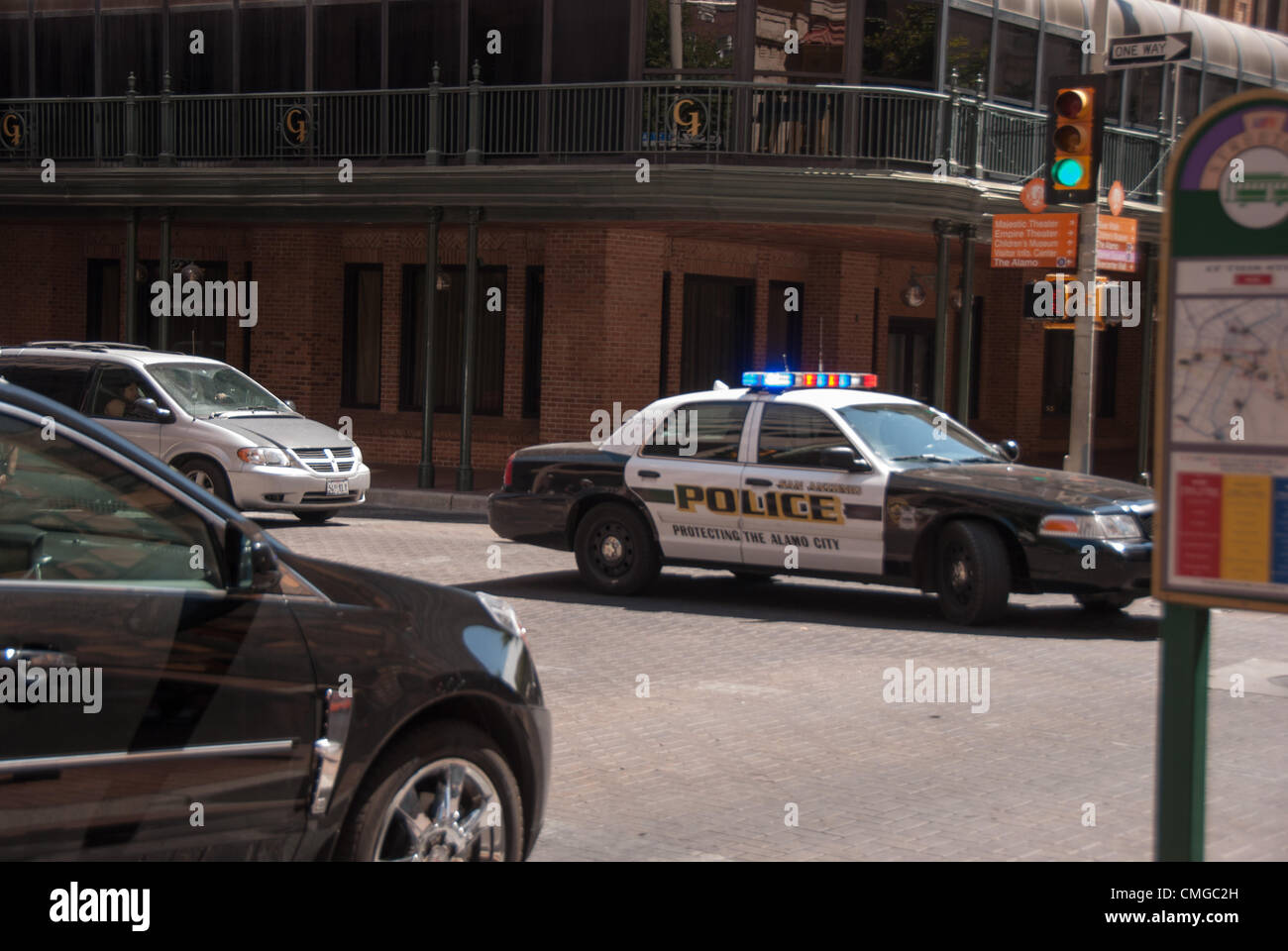 6 August 2012 San Antonio, Texas, USA - San Antonio police officers guard the streets around the Gunter Hotel in San Antonio, Texas. A bomb threat had been called in at 11:00 a.m., guests were evacuated immediately and the surrounding streets were blocked. Stock Photo