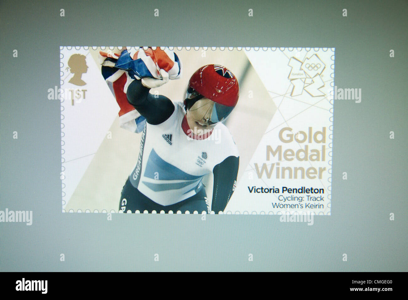 7th August 2012, London 2012. Special edition commemorative stamp of  Victoria Pendleton who claimed the Gold medal in the Women's Keirin Cycling Track. Stock Photo