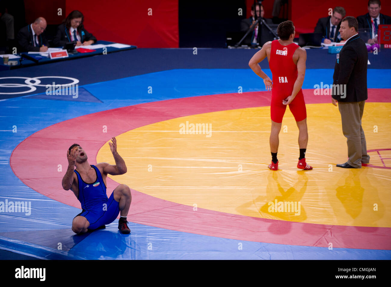 Aug. 7, 2012 - London, England, United Kingdom - SAEID MORAD ABDVALI (Iran) reacts after losing his 66kg Wrestling Greco-Roman quarterfinal fight to STEEVE GUENOT (France) in the London Olympics 2012 at the ExCel Centre. (Credit Image: © Paul Kitagaki Jr./ZUMAPRESS.com) Stock Photo