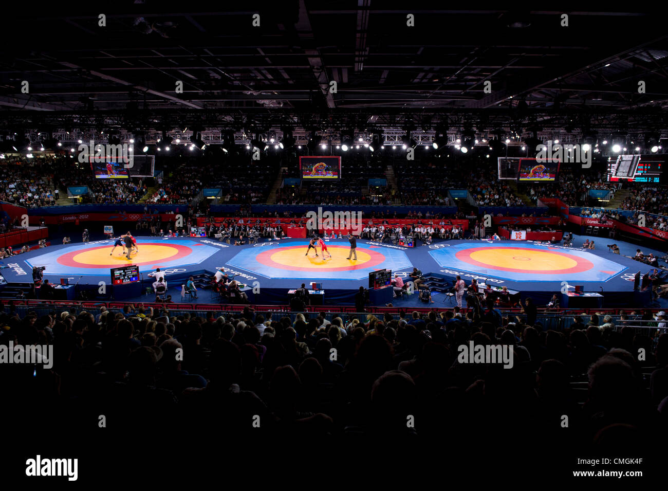 Aug. 7, 2012 - London, England, United Kingdom - Athletes wrestle in the quarter rounds of  Wrestling Greco - Roman in the London Olympics 2012 at the ExCel Centre on August 07,2012 in London, United Kingdom. (Credit Image: © Paul Kitagaki Jr./ZUMAPRESS.com) Stock Photo