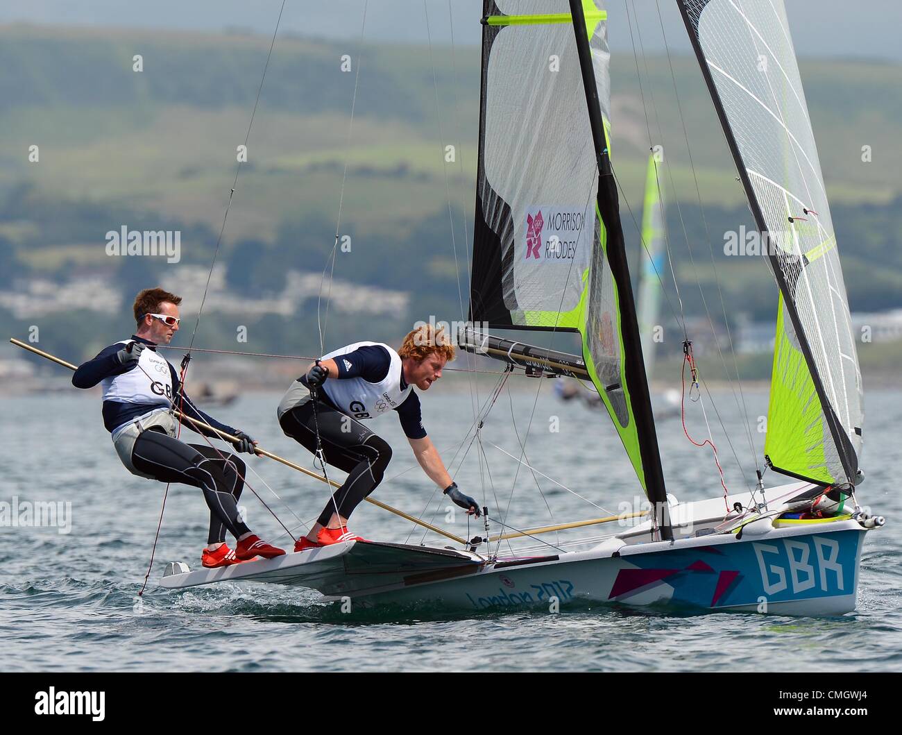 8th Aug 2012. Olympic Sailing, action during the London 2012 Olympic Games at the Weymouth & Portland Venue, Dorset, Britain, UK.  Steve Morrison and Ben Rhodes of Great Britain in the 49er Men's skiff medal race August 8th, 2012 PICTURE: DORSET MEDIA SERVICE Stock Photo