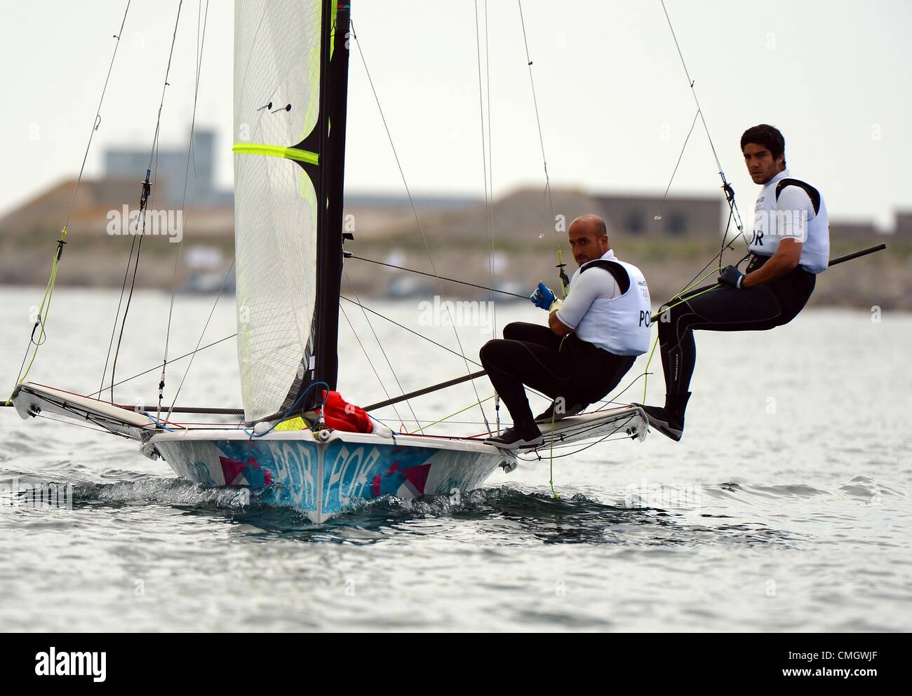 8th Aug 2012. Olympic Sailing, action during the London 2012 Olympic Games at the Weymouth & Portland Venue, Dorset, Britain, UK.  Bernardo Freitas and Francisco Andrade of Portugal in the 49er Men's skiff medal race August 8th, 2012 PICTURE: DORSET MEDIA SERVICE Stock Photo