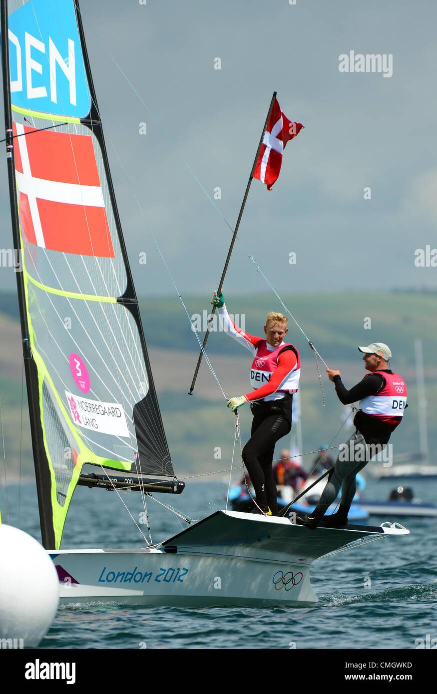Olympic Sailing, action during the London 2012 Olympic Games at the Weymouth & Portland Venue, Dorset, Britain, UK.  Allan Norregaard and Peter Lang of Denmark win bronze in the 49er Men's skiff medal race August 8th, 2012 Stock Photo