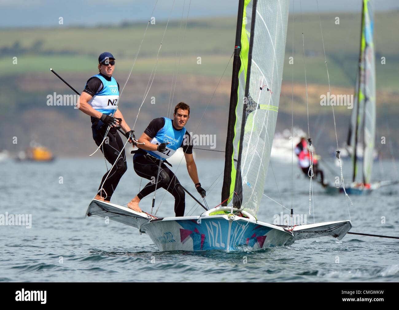 Olympic Sailing, action during the London 2012 Olympic Games at the Weymouth & Portland Venue, Dorset, Britain, UK.  Peter Burling and Blair Tuke of New Zealand win silver in the 49er Men's skiff medal race August 8th, 2012 Stock Photo