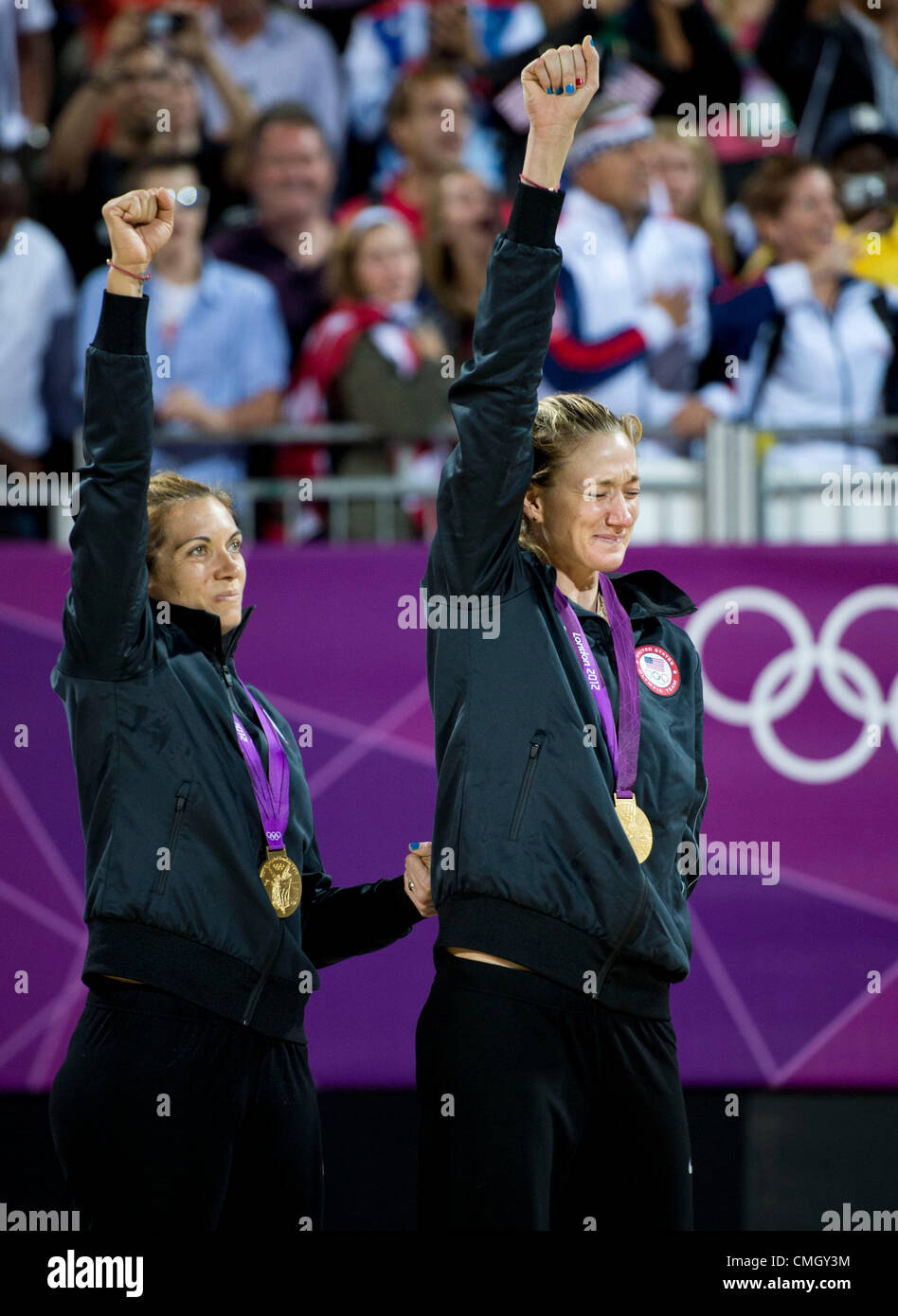 Aug. 8, 2012 - London, England, United Kingdom - Gold medallists Misty May-Treanor and Kerri Walsh-Jennings (USA),  celebrate on the awards ceremony in the Gold Medal  Beach Volleyball game in the London Olympics 2012 at the Horse Guards Parade on August 08, 2012 in London, United Kingdom. (Credit Image: © Paul Kitagaki Jr./ZUMAPRESS.com) Stock Photo