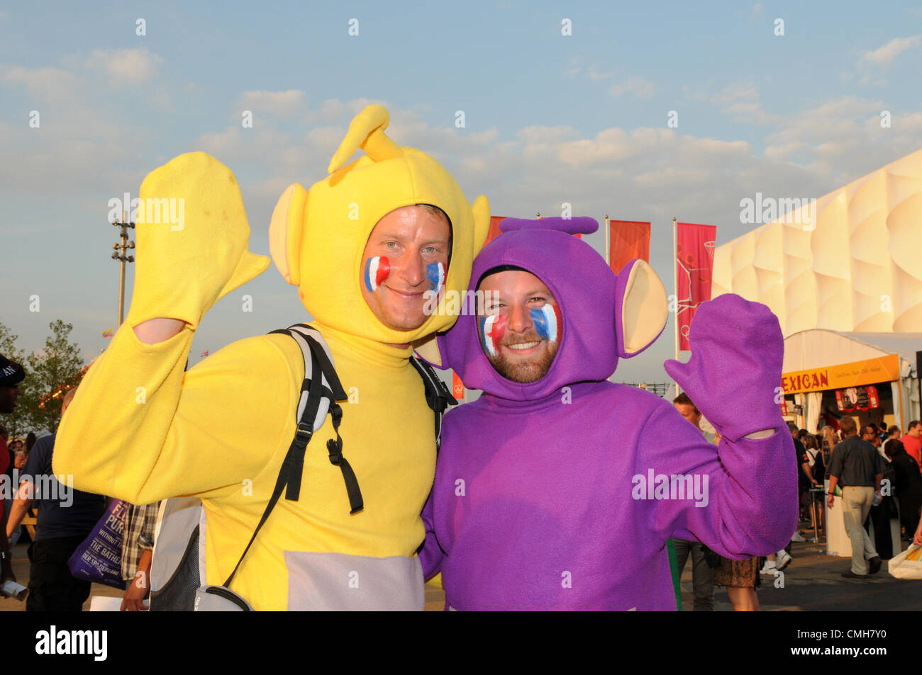 French fans dressed as Teletubbies outisde the Basketball Arena in the Olympic Park, London, 9 August 2012. Stock Photo