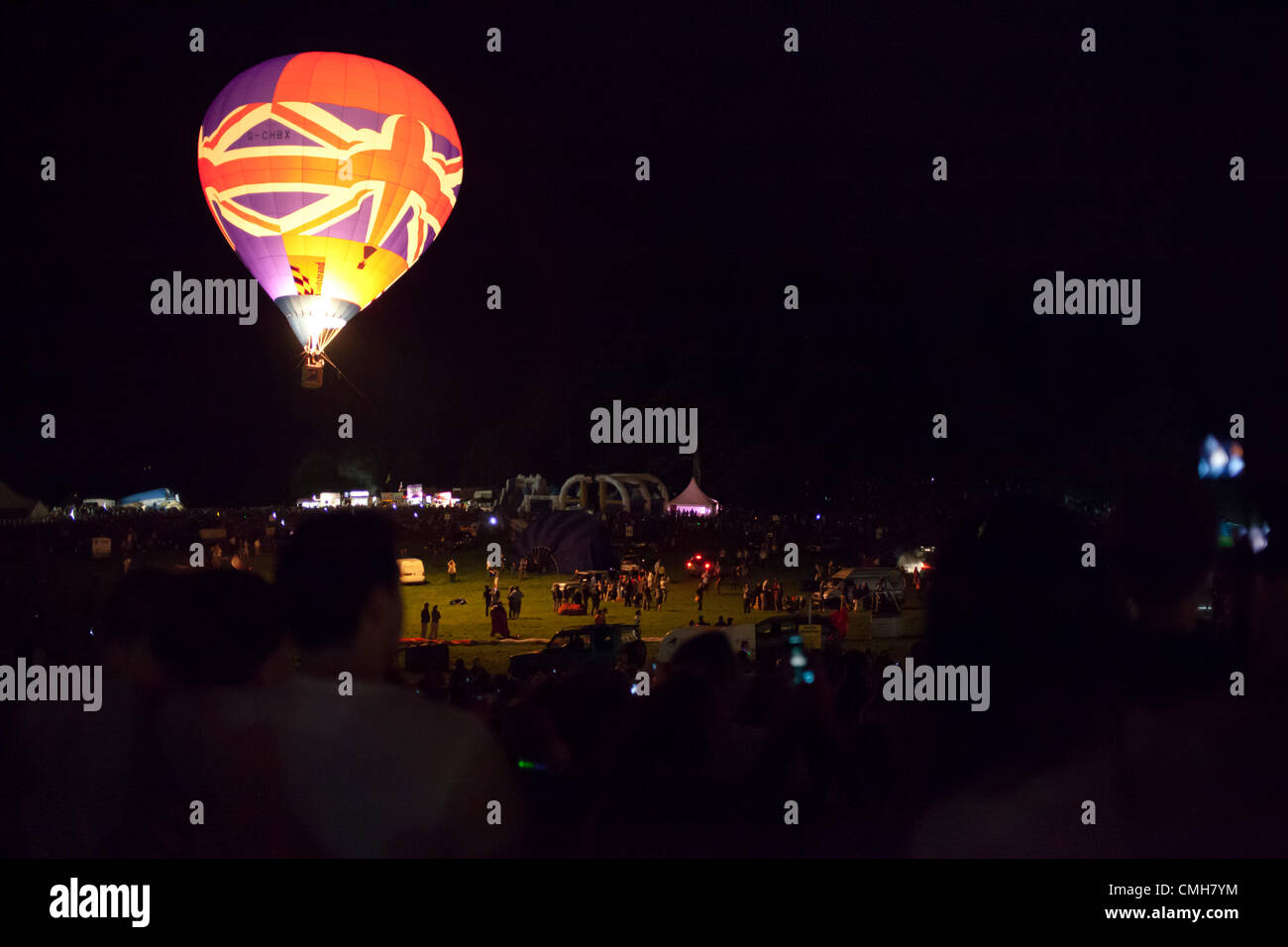 9th Aug 2012. Bristol, UK. A single Union Jack balloon ascending at the end of the Bristol International Balloon Fiesta Nightglow on the 9th of August 2012 Stock Photo