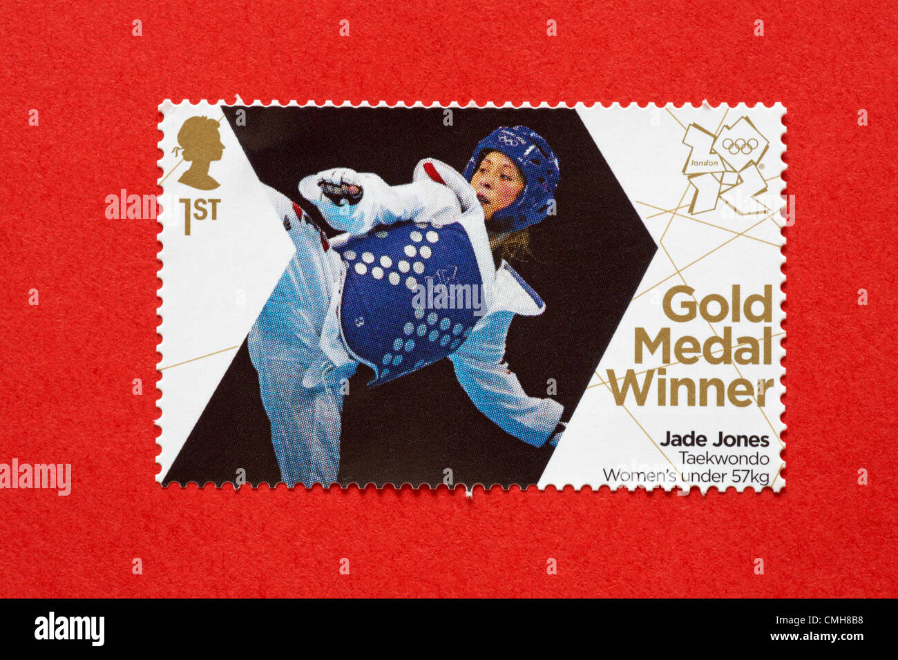 UK Friday 10 August 2012. Stamp to honour gold medal winner Jade Jones in the Taekwondo Women's under 57kg event. Stamp purchased and stuck on red envelope to send to Olympic supporter.  Credit:  Carolyn Jenkins / Alamy Live News Stock Photo