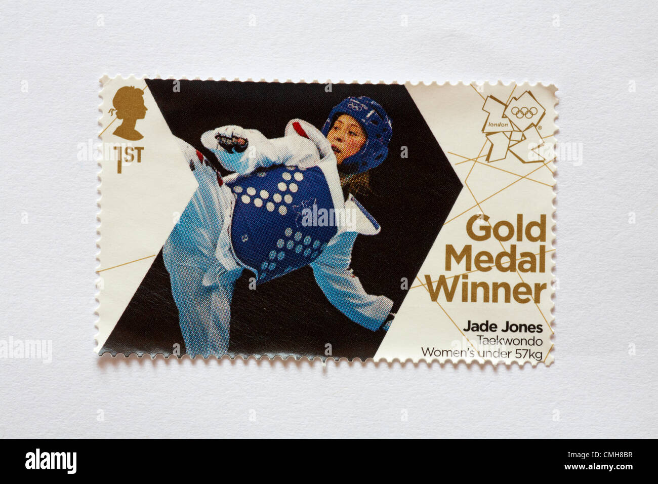 UK Friday 10 August 2012. Stamp to honour gold medal winner Jade Jones in the Taekwondo Women's under 57kg event. Stamp purchased and stuck on white to send to Olympic supporter.  Credit:  Carolyn Jenkins / Alamy Live News Stock Photo