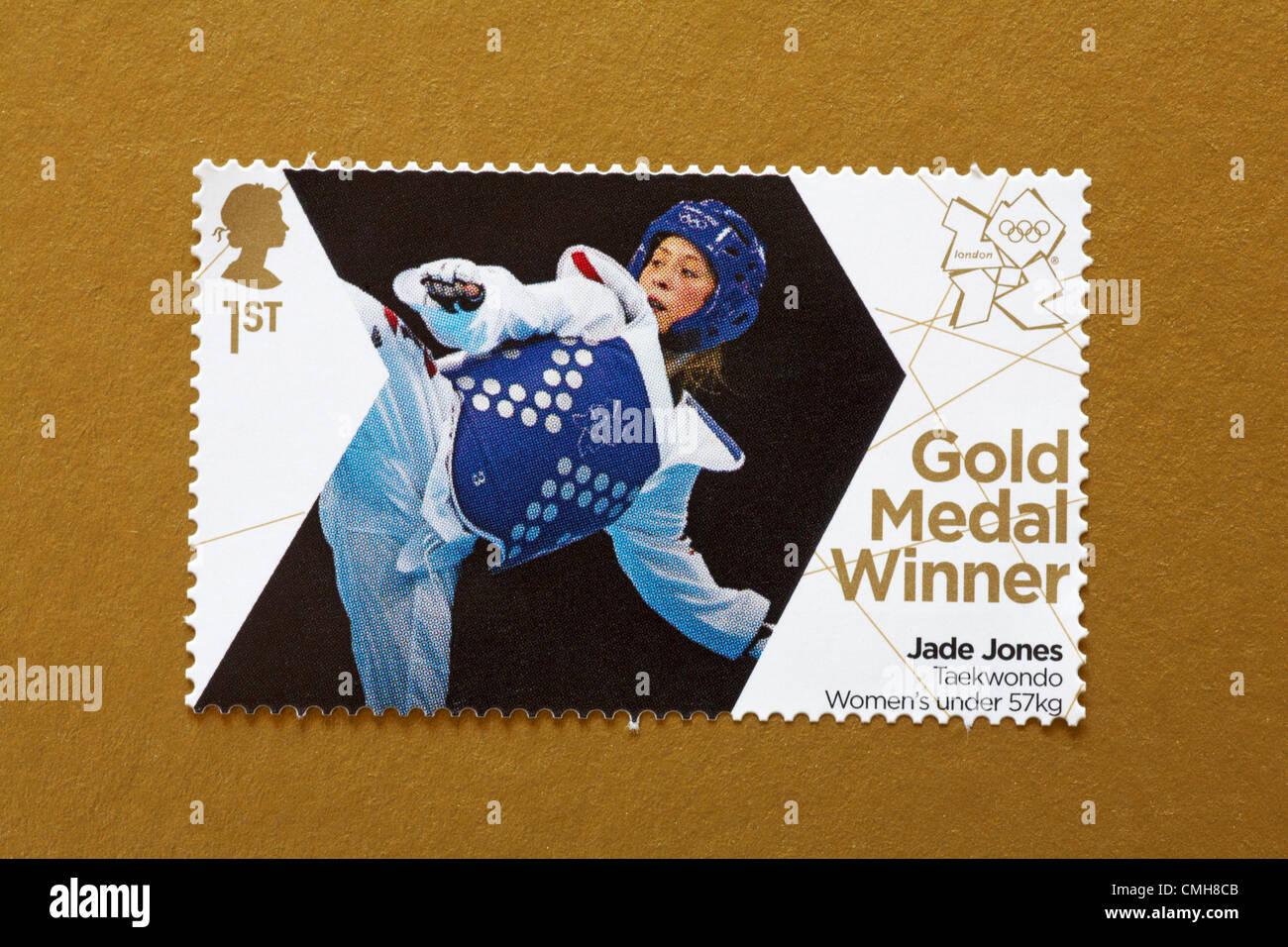 UK Friday 10 August 2012. Stamp to honour gold medal winner Jade Jones in the Taekwondo Women's under 57kg event. Stamp purchased and stuck on gold to send to Olympic supporter.  Credit:  Carolyn Jenkins / Alamy Live News Stock Photo