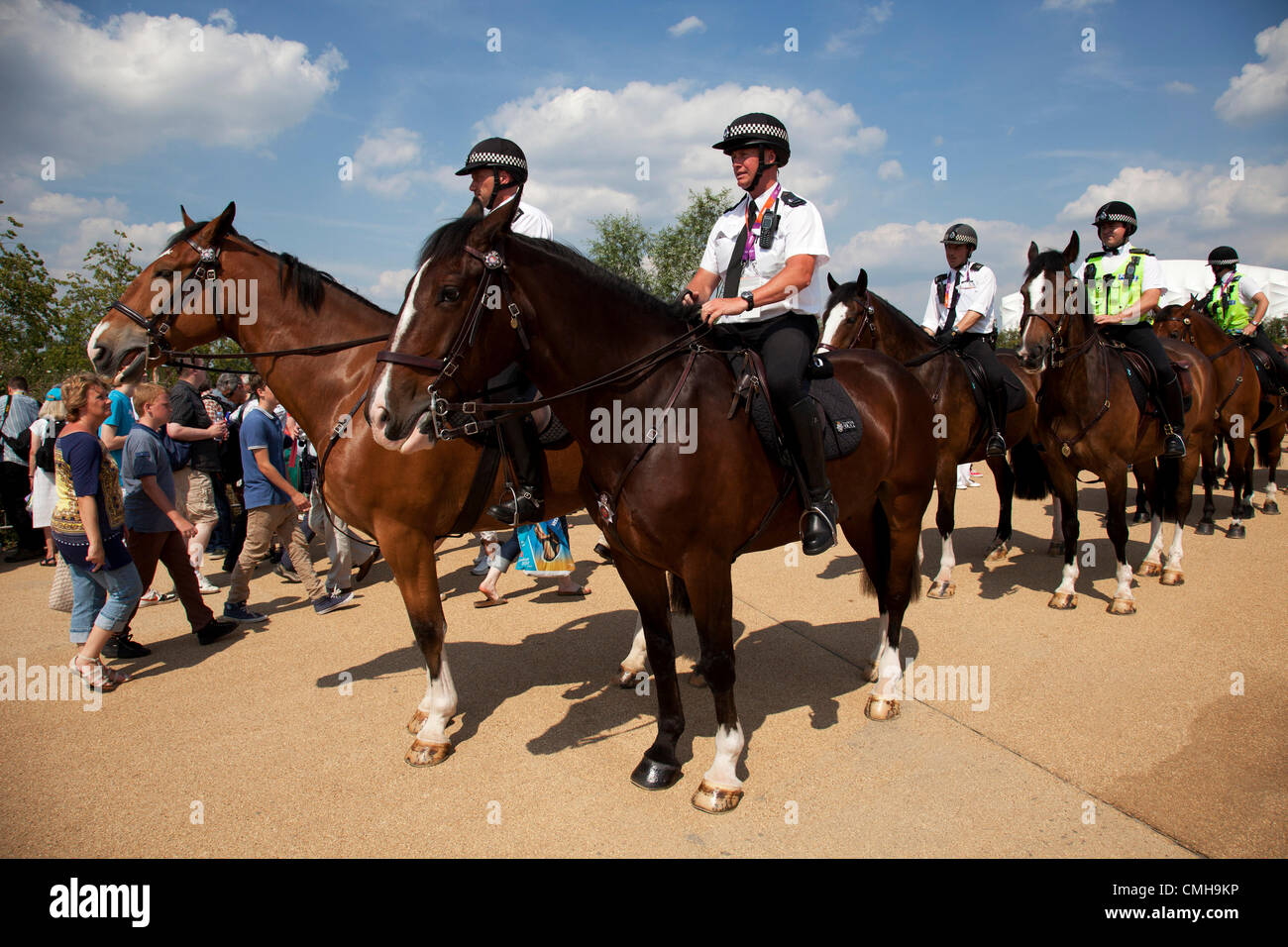 London, UK. Thursday 9th August 2012. London 2012 Olympic Games Park in Stratford. Mounted police from West Yorkshire add to the security at the park. Stock Photo