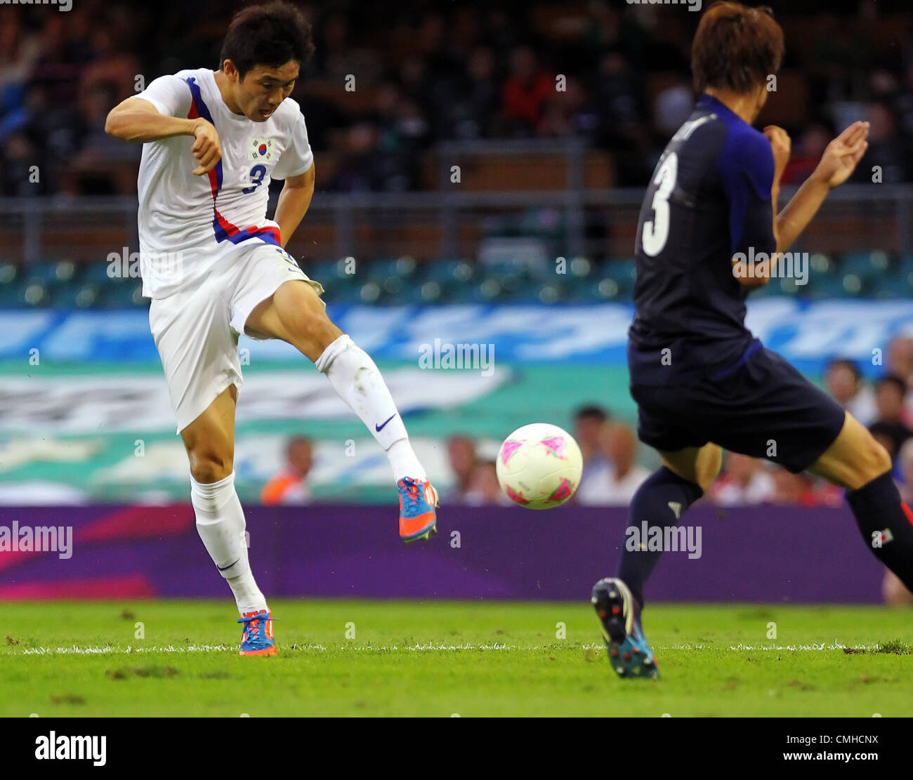 10th Aug 2012. 10.08.2012 Cardiff, Wales. South Korea Defender Yun Suk-Young (Chunnam Dragons)  in action during the Olympic Football Men's Bronze Medal Match between Japan and Republic of Korea. South Korea win the London 2012 Olympic Games Bronze Medal by beating Japan 2-0. Stock Photo