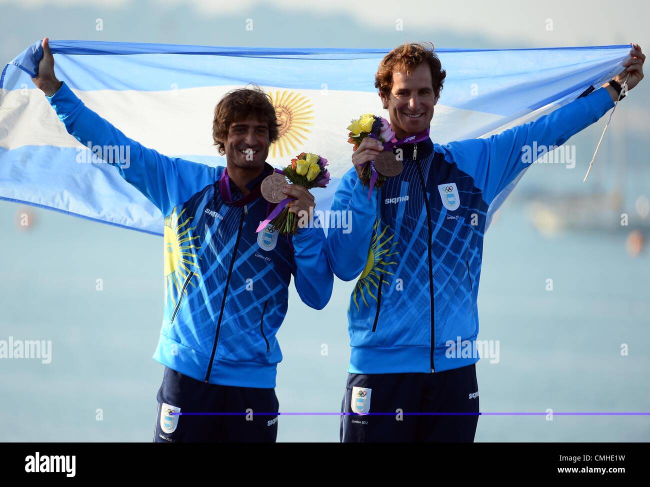 10th Aug 2012. London 2012 Olympics, Sailing at the Weymouth & Portland Venue, Dorset, Britain, UK.  August 10th, 2012 Men's 470 medal race bronze medal winners, Lucas Calabrese and Juan de la Fuente of Argentina PICTURE: DORSET MEDIA SERVICE Stock Photo