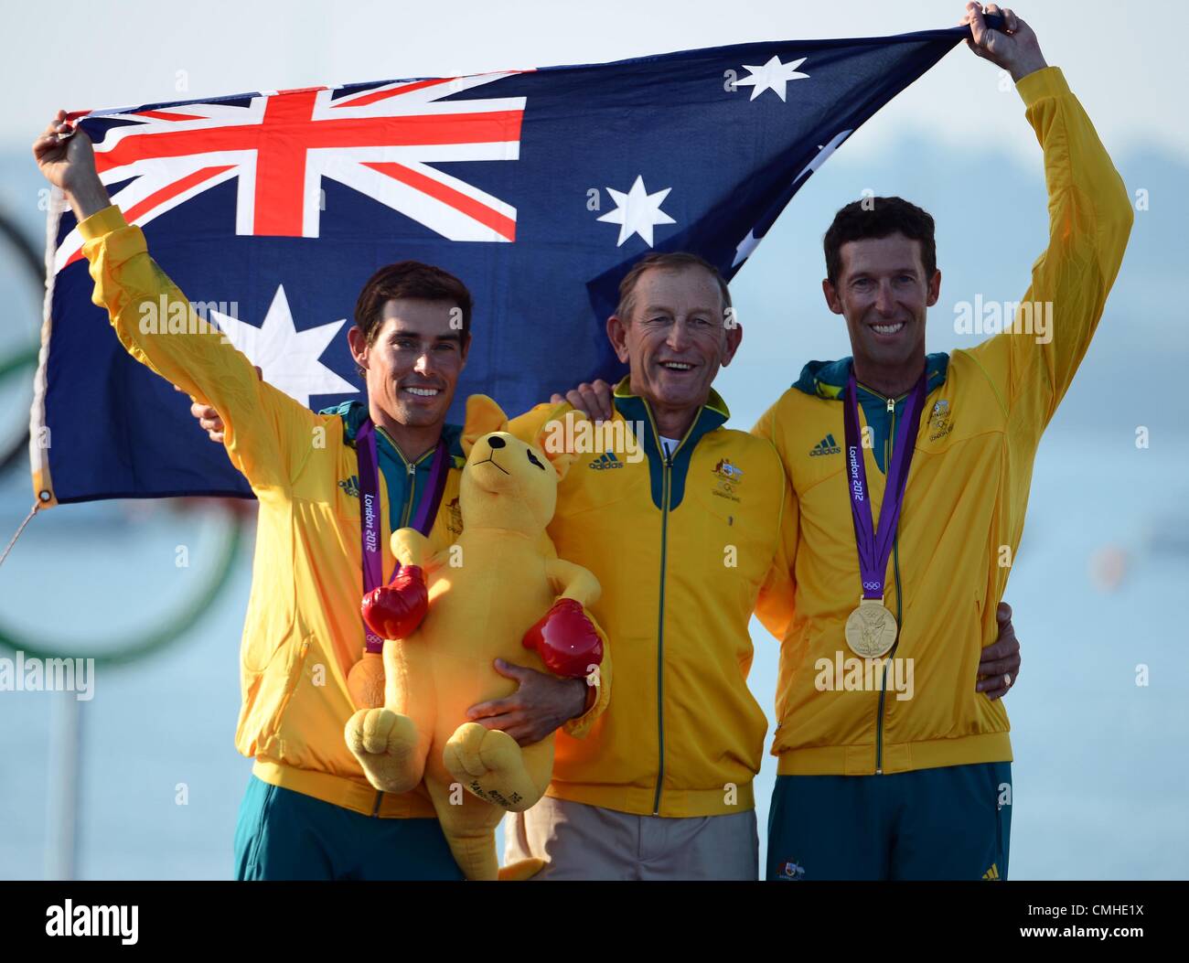 10th Aug 2012. London 2012 Olympics, Sailing at the Weymouth & Portland Venue, Dorset, Britain, UK.  August 10th, 2012 Men's 470 medal race gold medal winners, Mathew Belcher and Malcolm Page of Australia PICTURE: DORSET MEDIA SERVICE Stock Photo