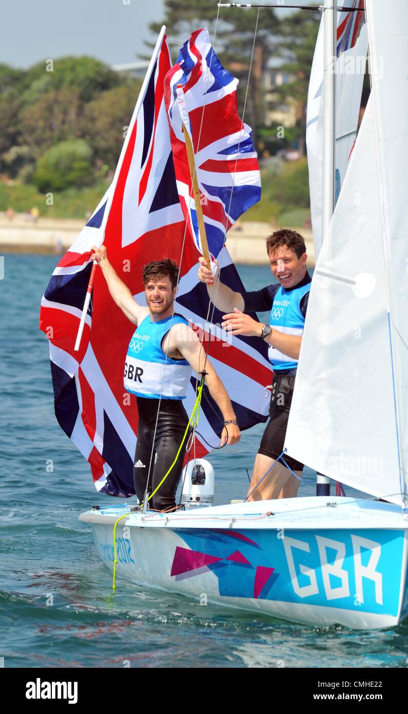 10th Aug 2012. London 2012 Olympics, Sailing at the Weymouth & Portland Venue, Dorset, Britain, UK.  August 10th, 2012 Men's 470 medal race silver medal winners, Luke Patience and Stuart Bithell of Great Britain PICTURE: DORSET MEDIA SERVICE Stock Photo