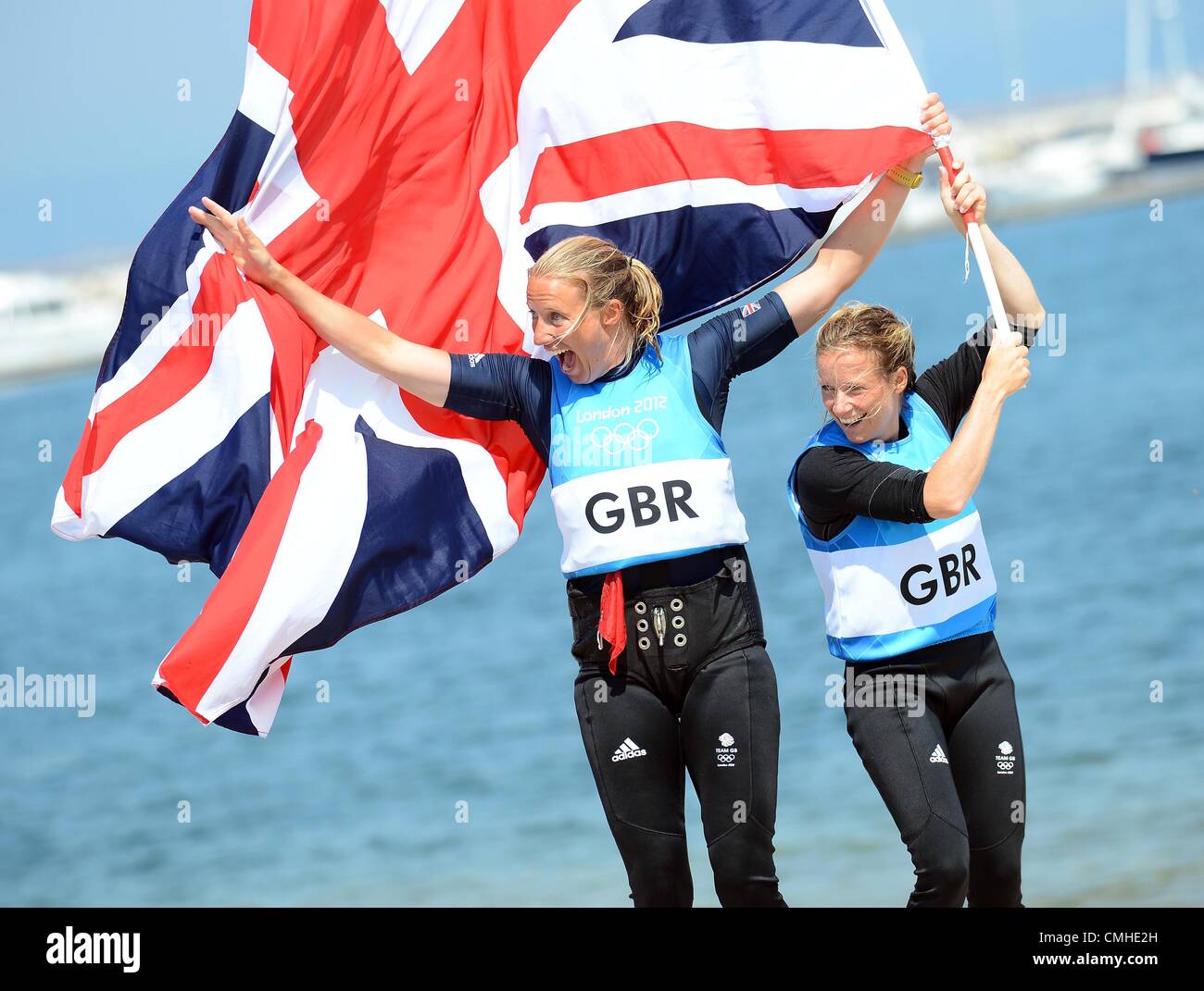 10th Aug 2012. London 2012 Olympics, Sailing at the Weymouth & Portland Venue, Dorset, Britain, UK.  August 10th, 2012 Women's 470 medal race silver medal winners, Saskia Mills and Hannah Mills of Great Britain PICTURE: DORSET MEDIA SERVICE Stock Photo
