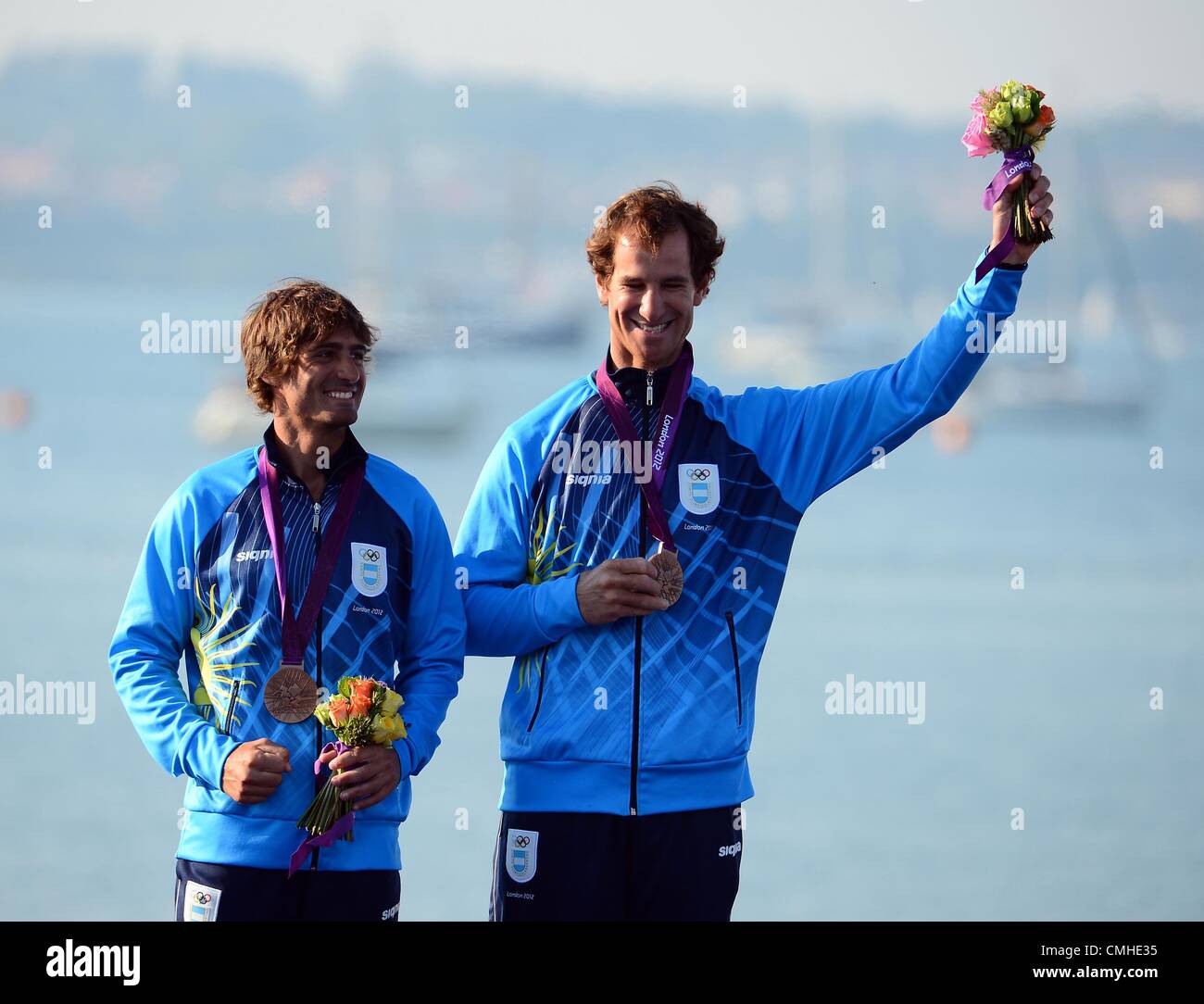 10th Aug 2012. London 2012 Olympics, Sailing at the Weymouth & Portland Venue, Dorset, Britain, UK.  August 10th, 2012 Men's 470 medal race bronze medal winners, Lucas Calabrese and Juan de la Fuente of Argentina PICTURE: DORSET MEDIA SERVICE Stock Photo