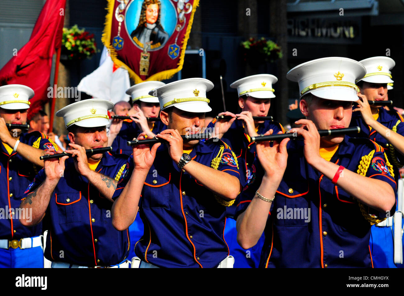 11 August 2012, Londonderry. Loyalist flute band playing during parade