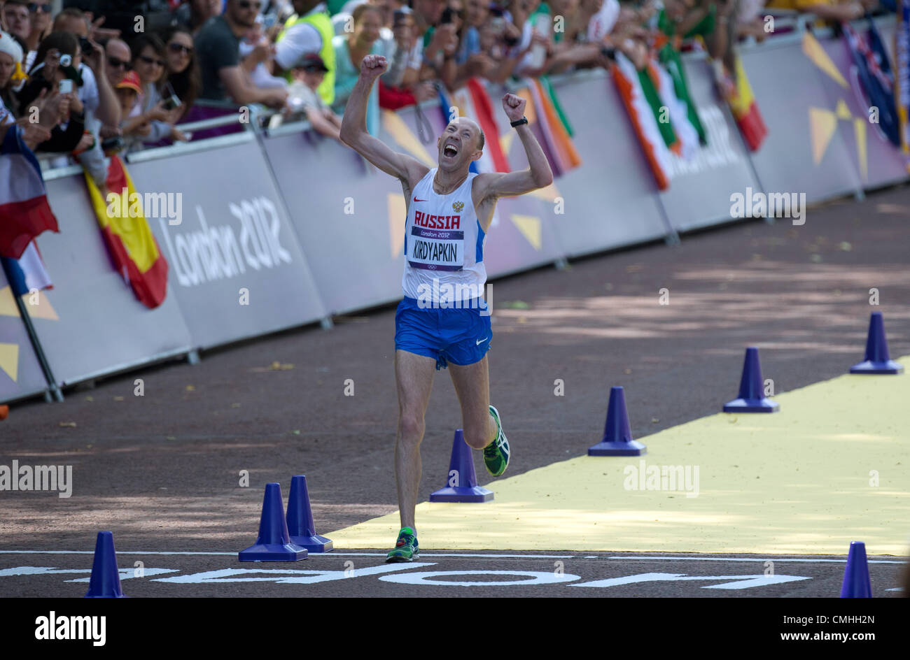 11.08.2012. London England.  Goldmedalist Sergey Kirdyapkin of Russia celebrates after winning the Men's 50km Race Walk final as part of the London 2012 Olympic Games Athletics, Track and Field events at the London 2012 Olympic Games, London, Great Britain, 11 August 2012. Stock Photo