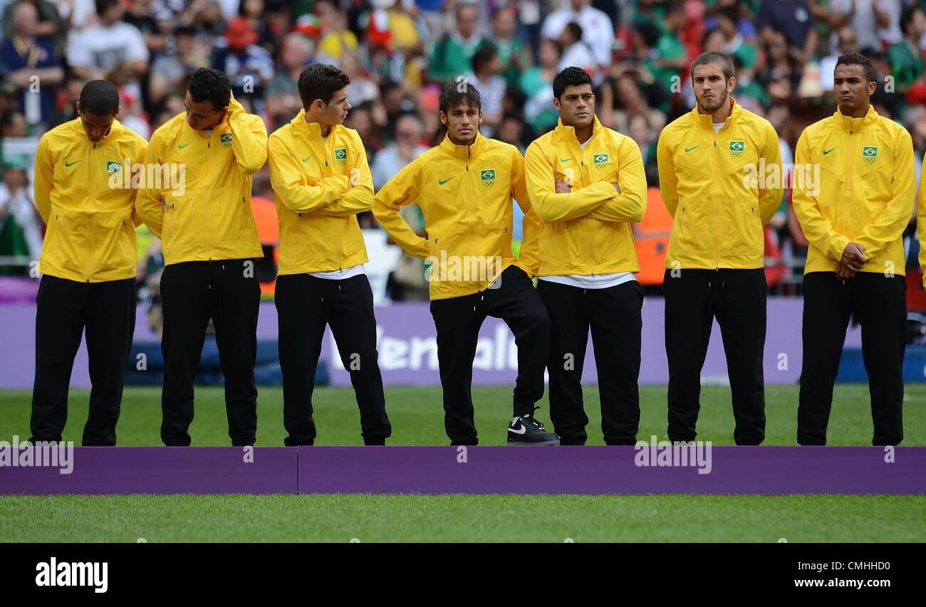 11.08.2012. Wembley Stadium, London, England. Football Mens Final  Brazil versus Mexico Disappointment for Brazil with silver medals Romulo Leandro Damiao Oscar Neymar Hulk Bruno  Danilo Stock Photo