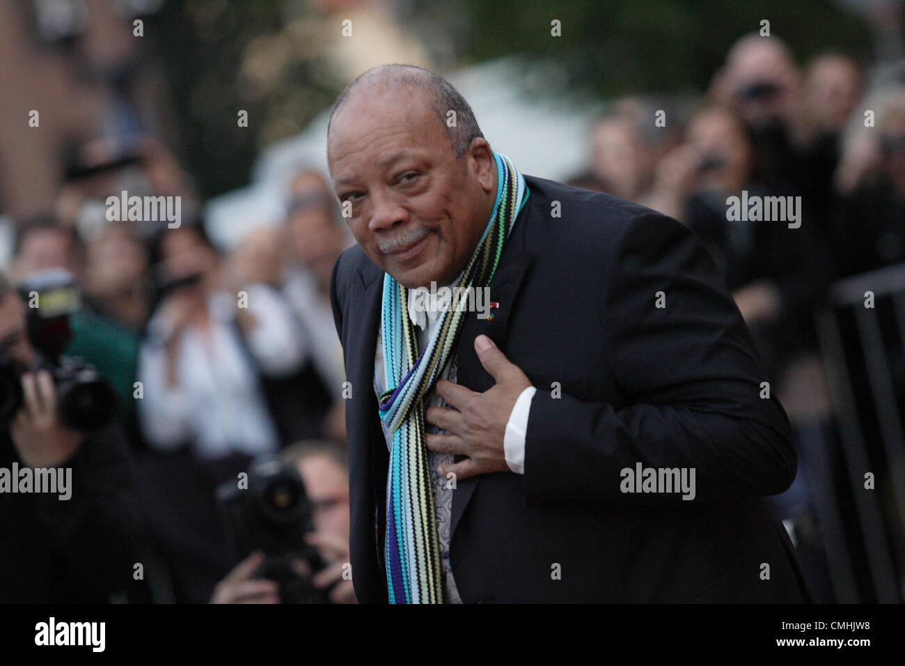 Gdansk, Poland 11th, August 2012 Solidarity of Arts 2012 Festival in Gdansk. Quincy Jones takes part in the official handprint ceremony in the Alley od Stars in front of The Polish Baltic Frederic Chopin Philharmonic. Stock Photo