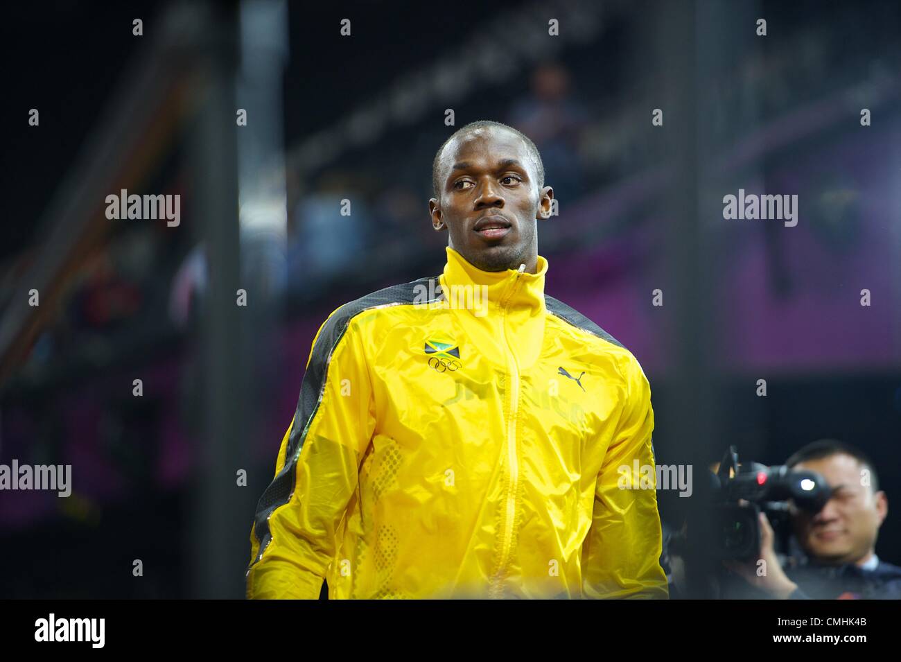Aug. 11, 2012 - London, England, United Kingdom - USAIN BOLT and the other members of his Jamaican 4x100m relay team are interviewed by the media after winning gold and setting a new world record of 36.84 seconds during the 2012 London Summer Olympics. (Credit Image: © Mark Makela/ZUMAPRESS.com) Stock Photo