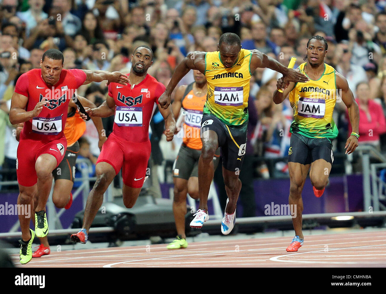 RYAN BAILEY, TYSON GAY, USAIN BOLT & YOHAN NATHAN USA & JAMAICA LONDON 2012 OLYMPIC GAMES, MENS 4X100M Stock Photo