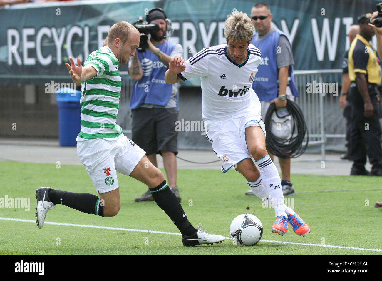 11.08.2012. Philadelphia, USA.  Real Madrid midfielder Fabio Coentrao (15) and Celtic FC forward Dylan McGeouch (46) during the World Football Challenge match between Real Madrid and Celtic FC at Lincoln Financial Field in Philadelphia, PA. Real Madrid defeated Celtic 2-0. Stock Photo
